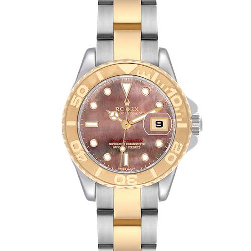 The Rolex Yacht-Master watch is shown from a top-down angle, featuring the dial, bezel, and bracelet.