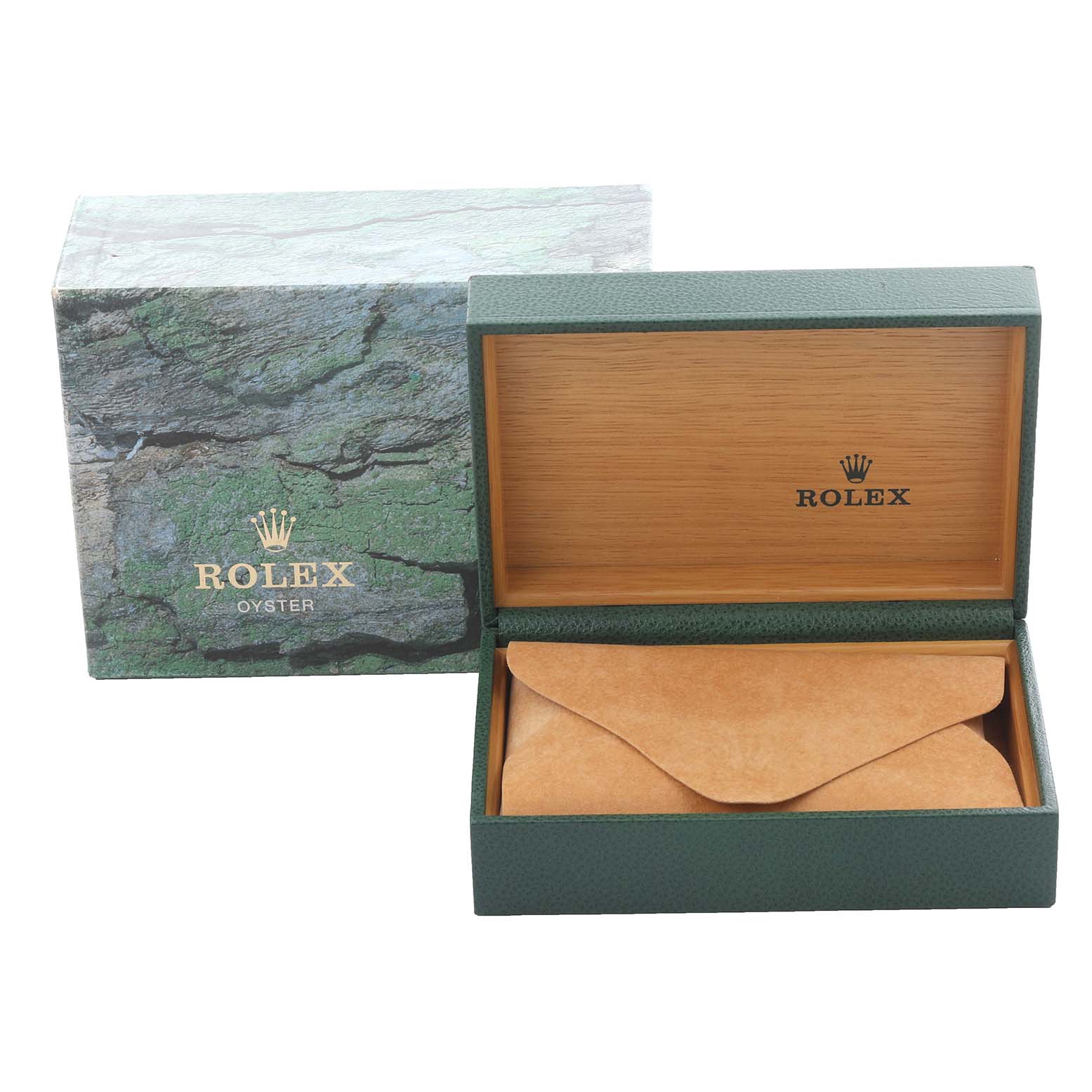 The image shows a Rolex Yacht-Master 169623 Women
s Steel and Gold (two tone) Mother of Pearl Dial 169623 Women
s Steel and Gold (two tone) Mother of Pearl Dial watch box and case, displayed at an angle with the lid open, revealing a suede pouch inside.