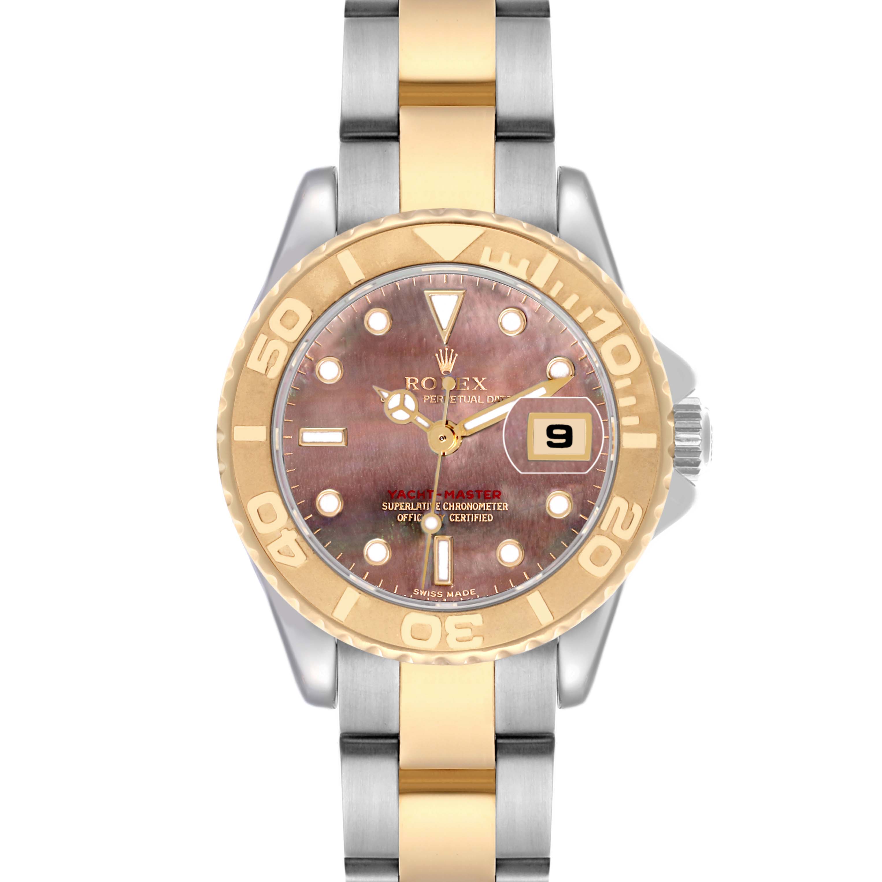 The Rolex Yacht-Master 169623 Women
s Steel and Gold (two tone) Mother of Pearl Dial 169623 Women
s Steel and Gold (two tone) Mother of Pearl Dial watch is shown from a top view, highlighting the face, bezel, and bracelet.