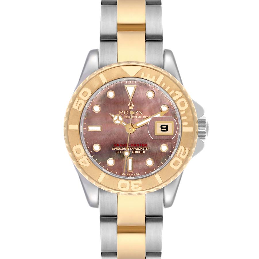 The Rolex Yacht-Master watch is shown from a top view, highlighting the face, bezel, and bracelet.