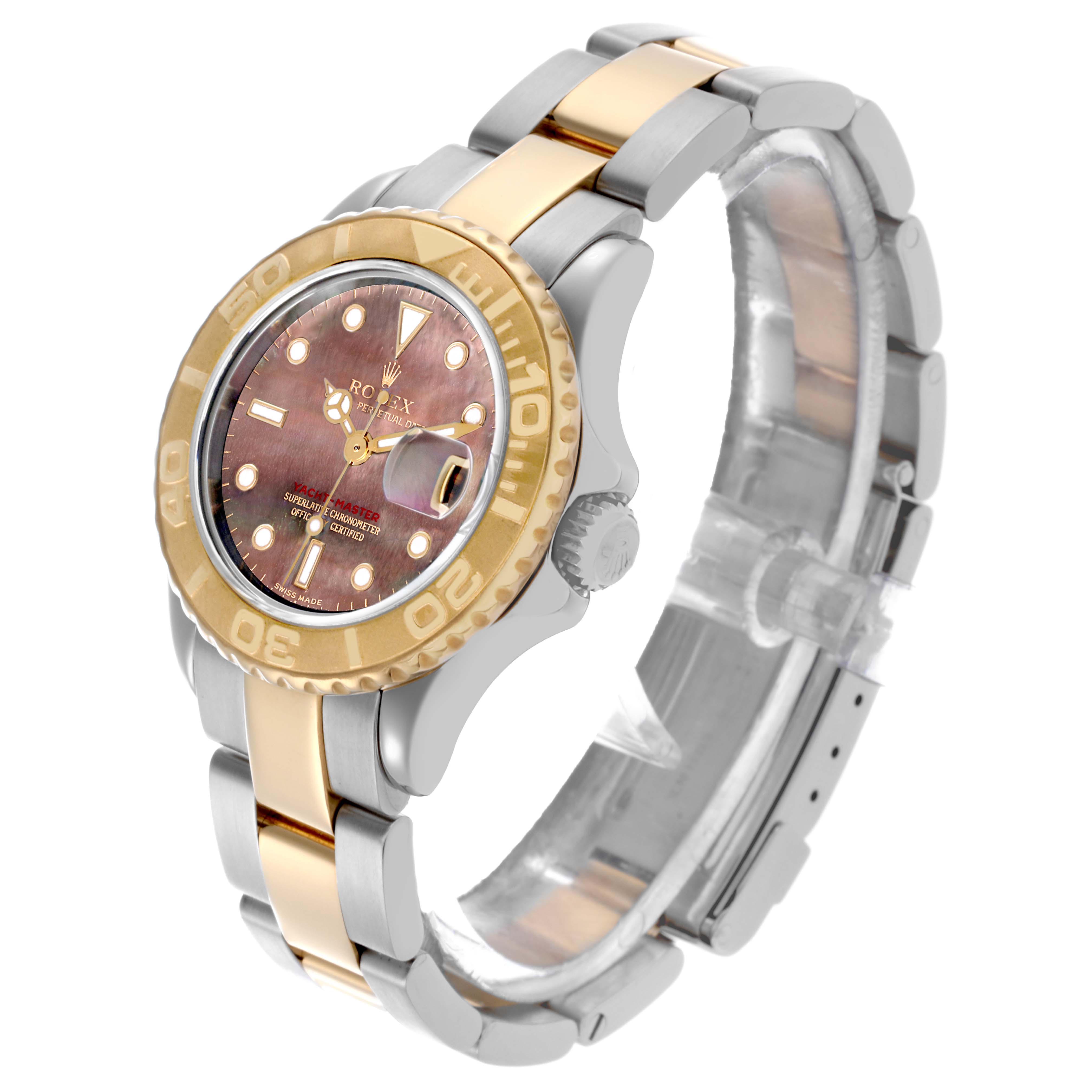 The Rolex Yacht-Master 169623 Women
s Steel and Gold (two tone) Mother of Pearl Dial 169623 Women
s Steel and Gold (two tone) Mother of Pearl Dial watch is shown at an angle highlighting the face, bezel, crown, and two-tone bracelet.