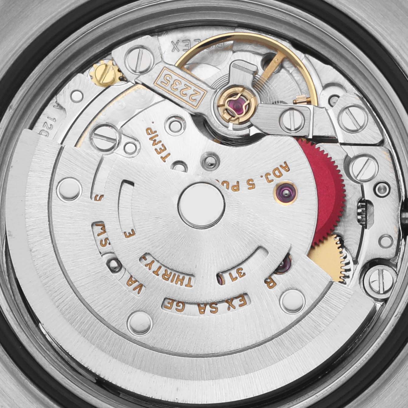 The image shows a close-up of the Rolex Yacht-Master 169623 Women
s Steel and Gold (two tone) Mother of Pearl Dial 169623 Women
s Steel and Gold (two tone) Mother of Pearl Dial movement, highlighting gears, screws, and the rotor from a top angle.
