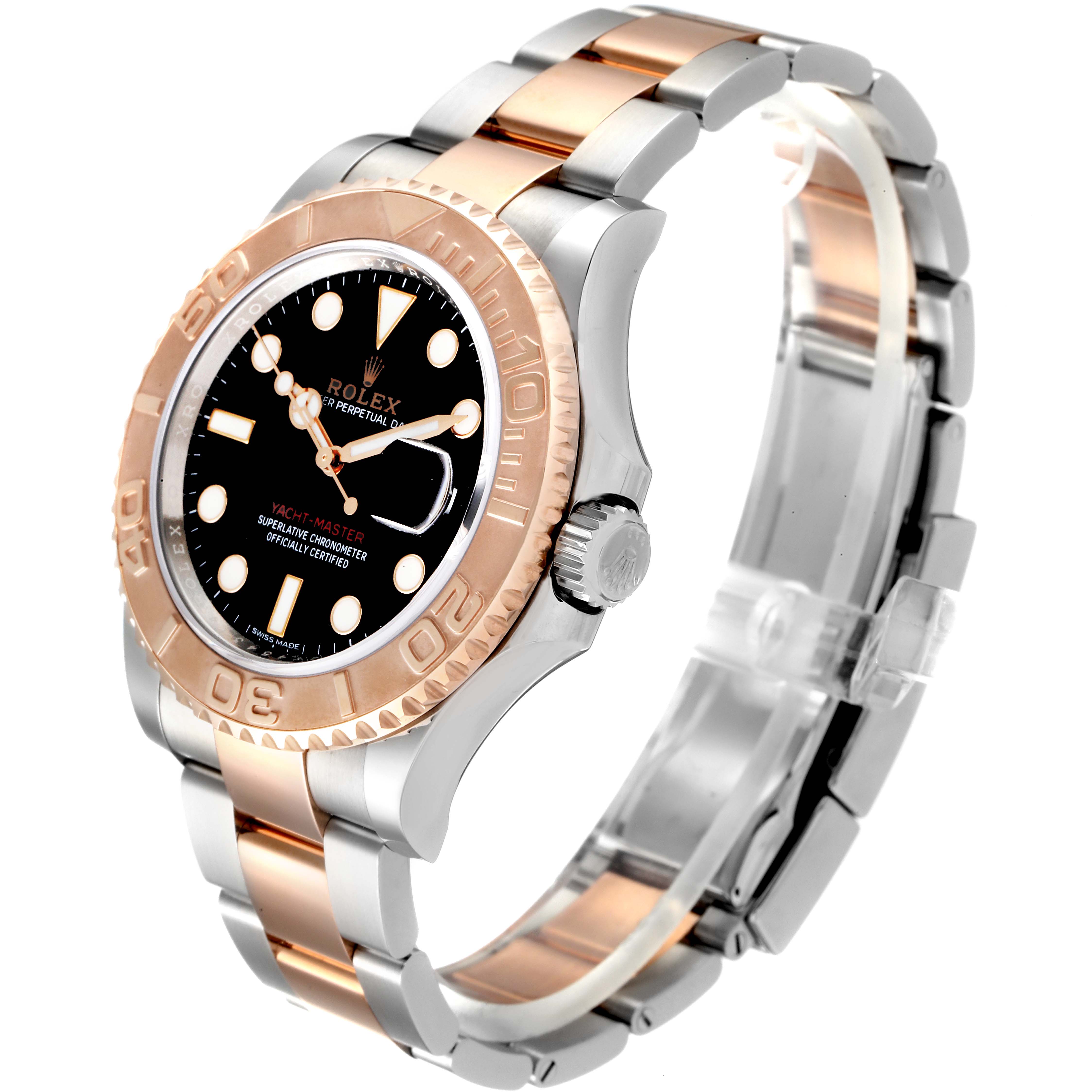 The Rolex Yacht-Master 116621 Men
s Steel and Gold (two tone) Black Dial 116621 Men
s Steel and Gold (two tone) Black Dial watch is shown from an angled side view, displaying its dial, bezel, and bracelet.