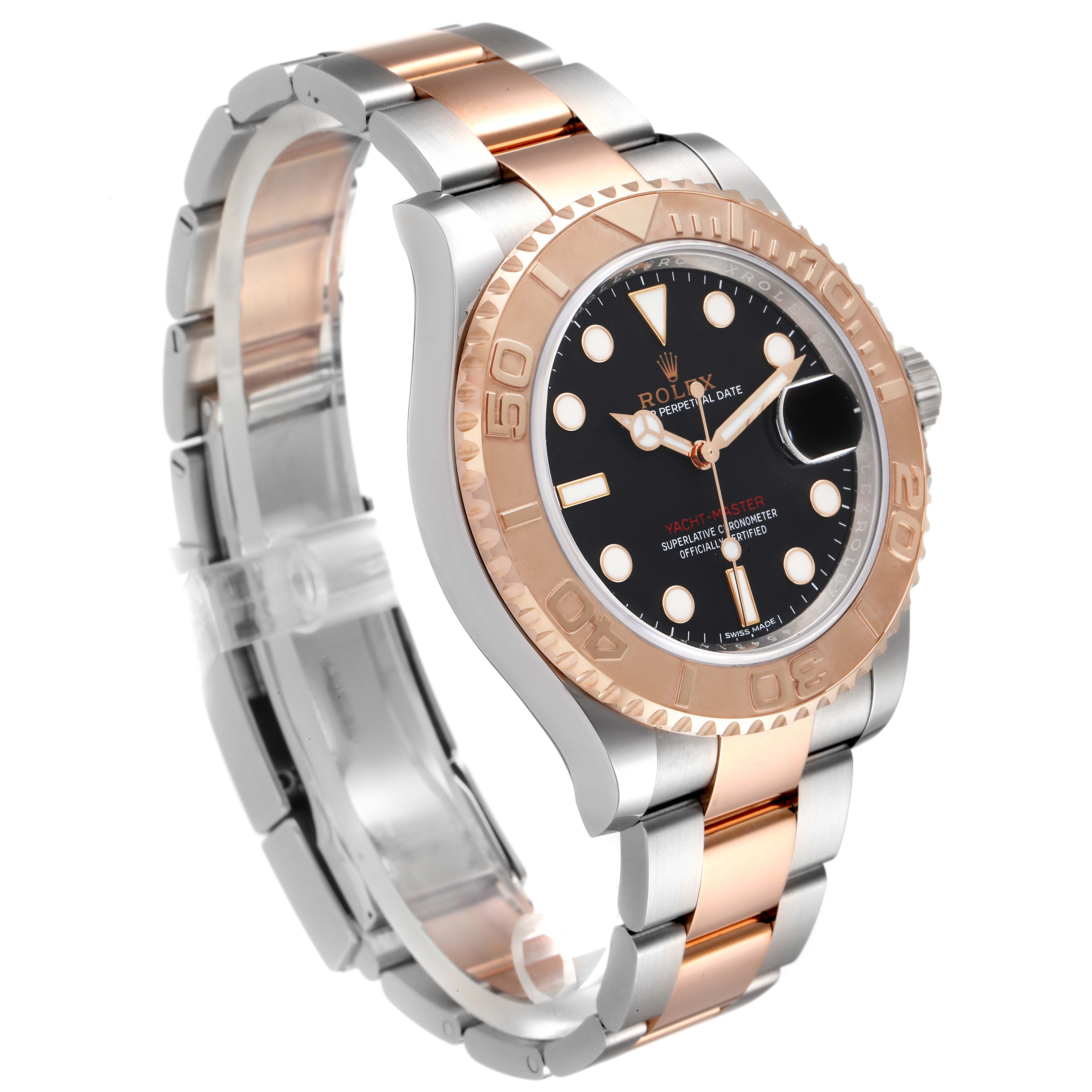 The Rolex Yacht-Master 116621 Men
s Steel and Gold (two tone) Black Dial 116621 Men
s Steel and Gold (two tone) Black Dial watch is shown at a three-quarter angle, displaying its dial, bezel, crown, and bracelet.
