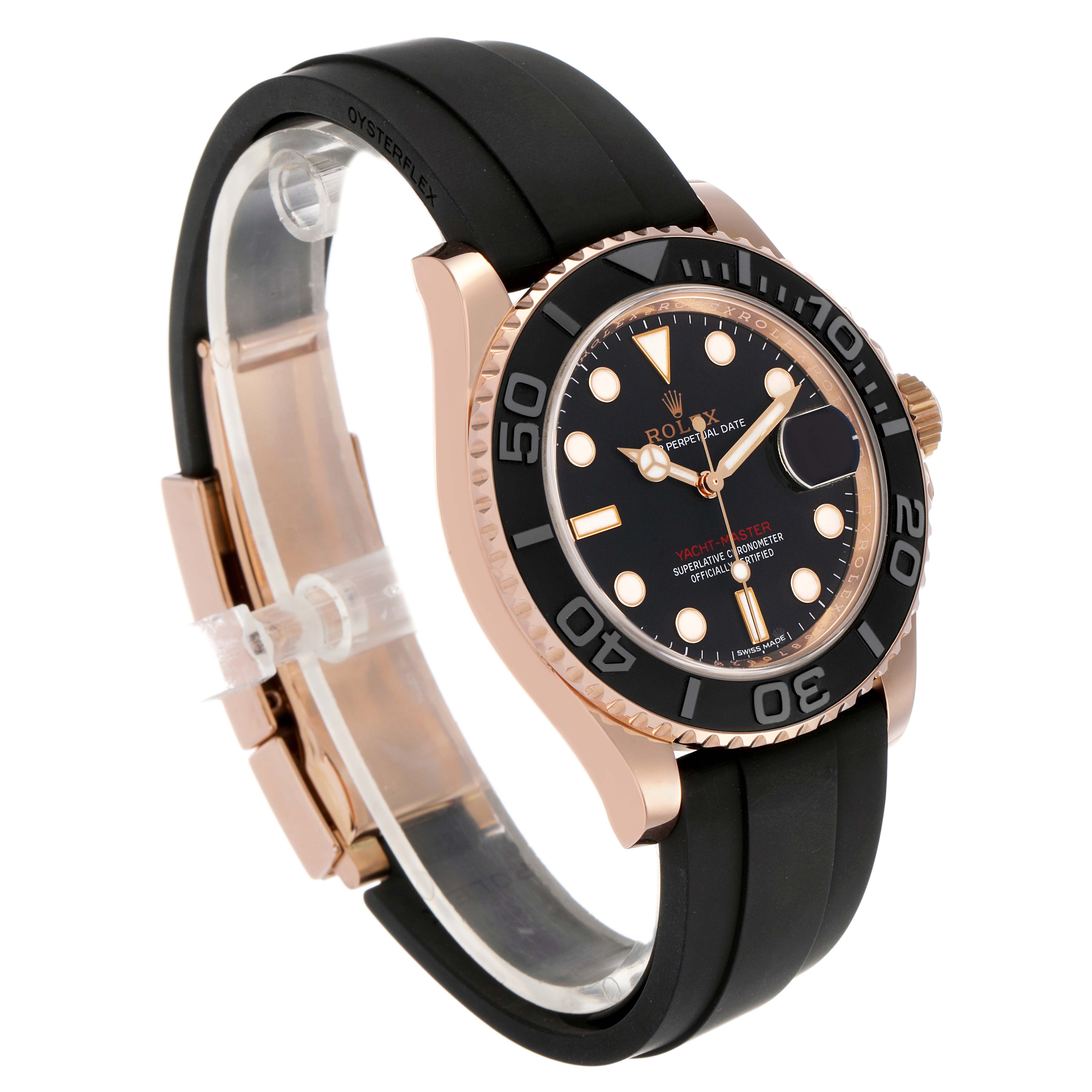 The Rolex Yacht-Master 116655 Men's Rose Gold Black Dial watch is shown at a slight angle from the front, highlighting its dial, bezel, and rubber strap.