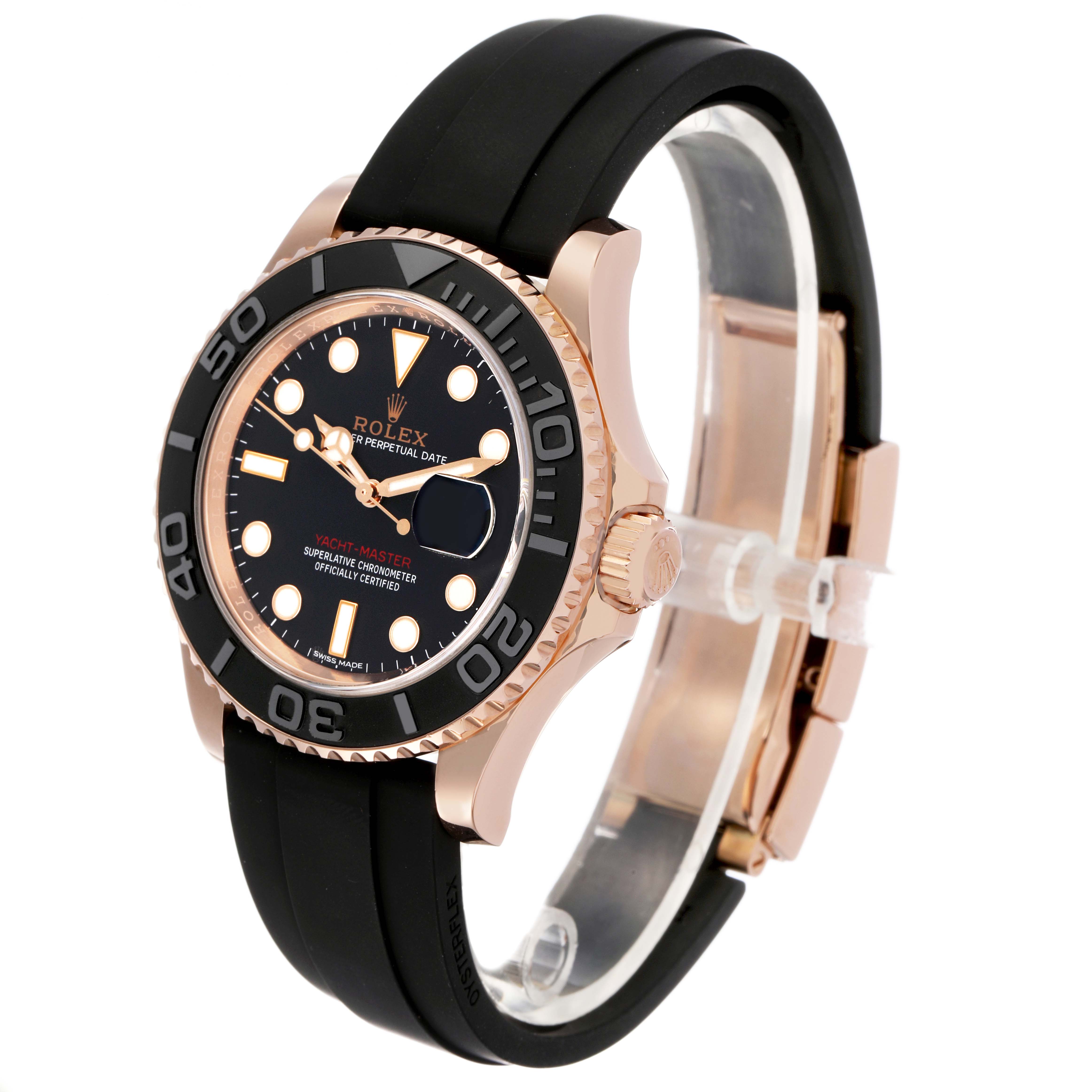 The Rolex Yacht-Master 116655 Men's Rose Gold Black Dial watch is shown at a 3/4 angle, highlighting the face, bezel, strap, and crown.