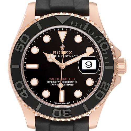 The Rolex Yacht-Master 116655 Men's Rose Gold Black Dial watch is shown from a front angle, displaying the dial, bezel, and crown.