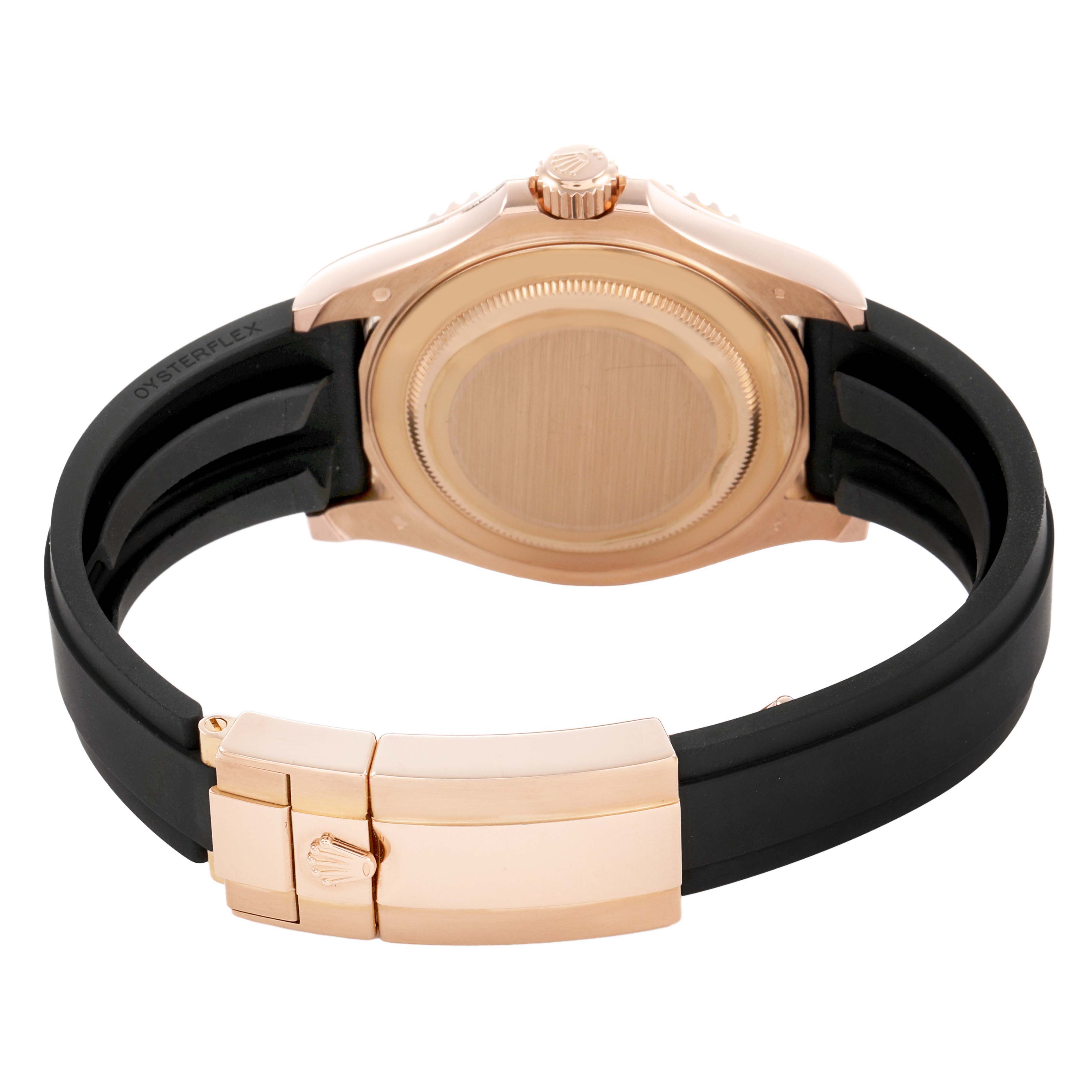 The image shows the back view of a Rolex Yacht-Master 116655 Men's Rose Gold Black Dial watch, highlighting the case back and clasp.