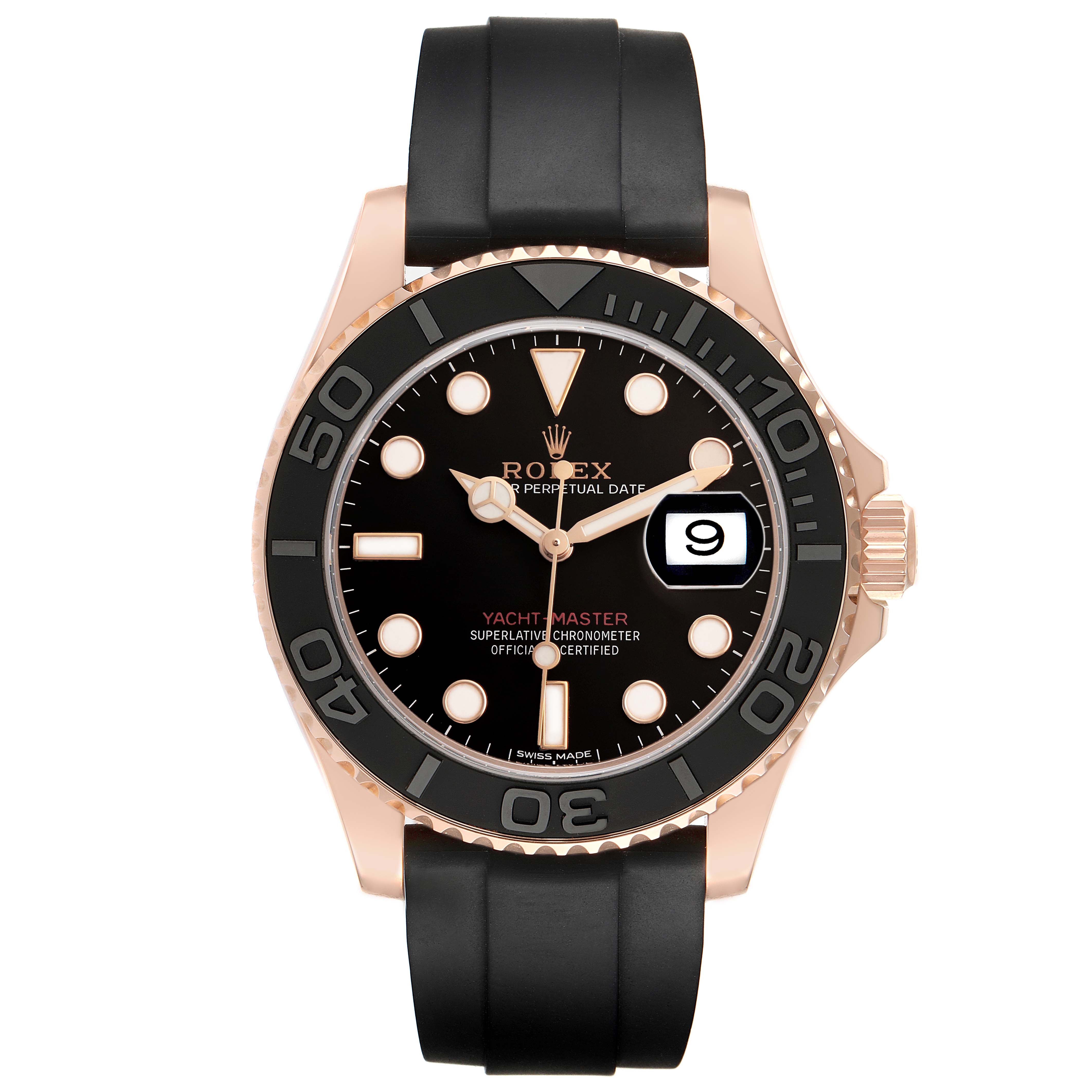 The Rolex Yacht-Master 116655 Men's Rose Gold Black Dial watch is shown from a front view, highlighting its dial, bezel, and black strap.
