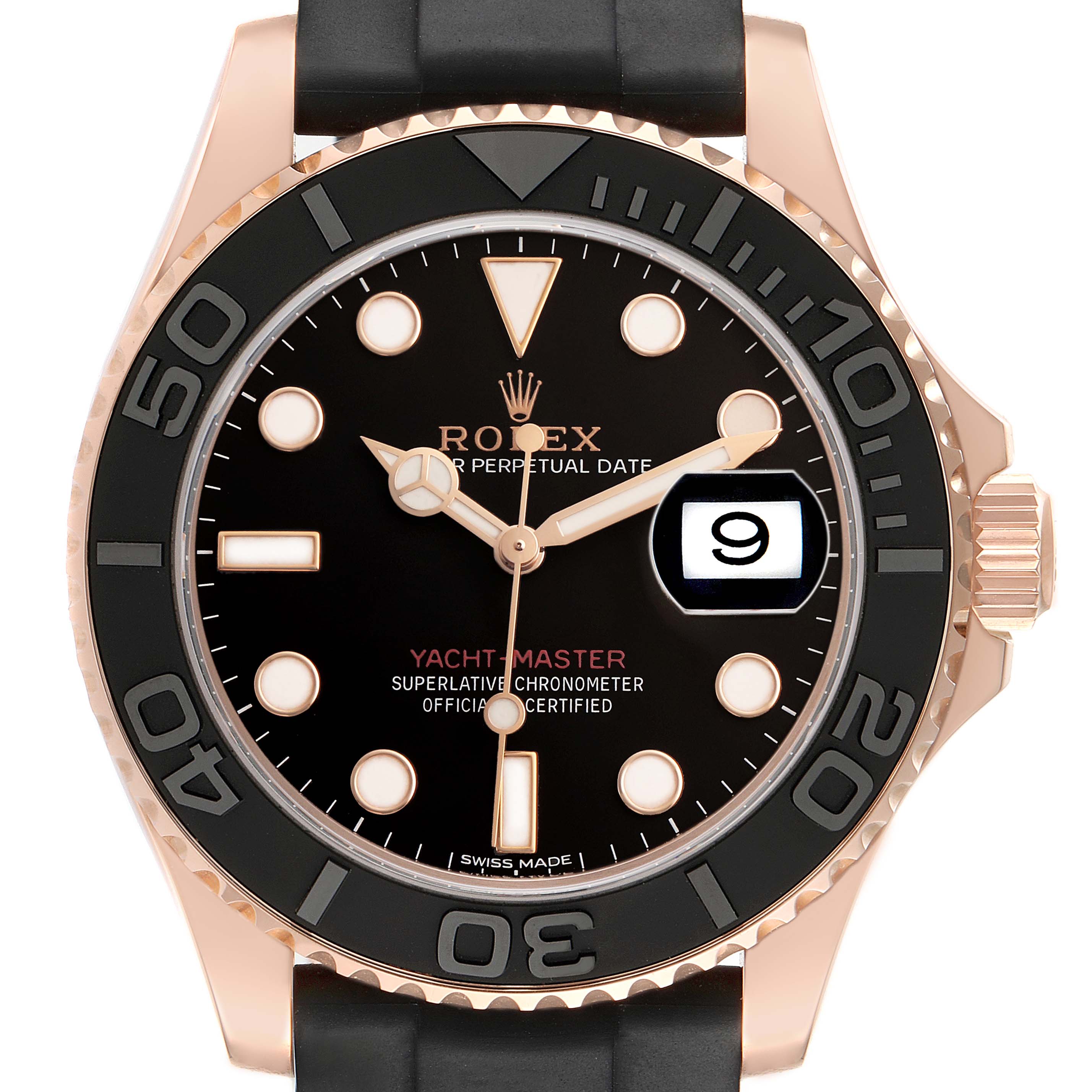 The Rolex Yacht-Master 116655 Men's Rose Gold Black Dial is shown front-facing, displaying its dial, bezel, hands, and date window.