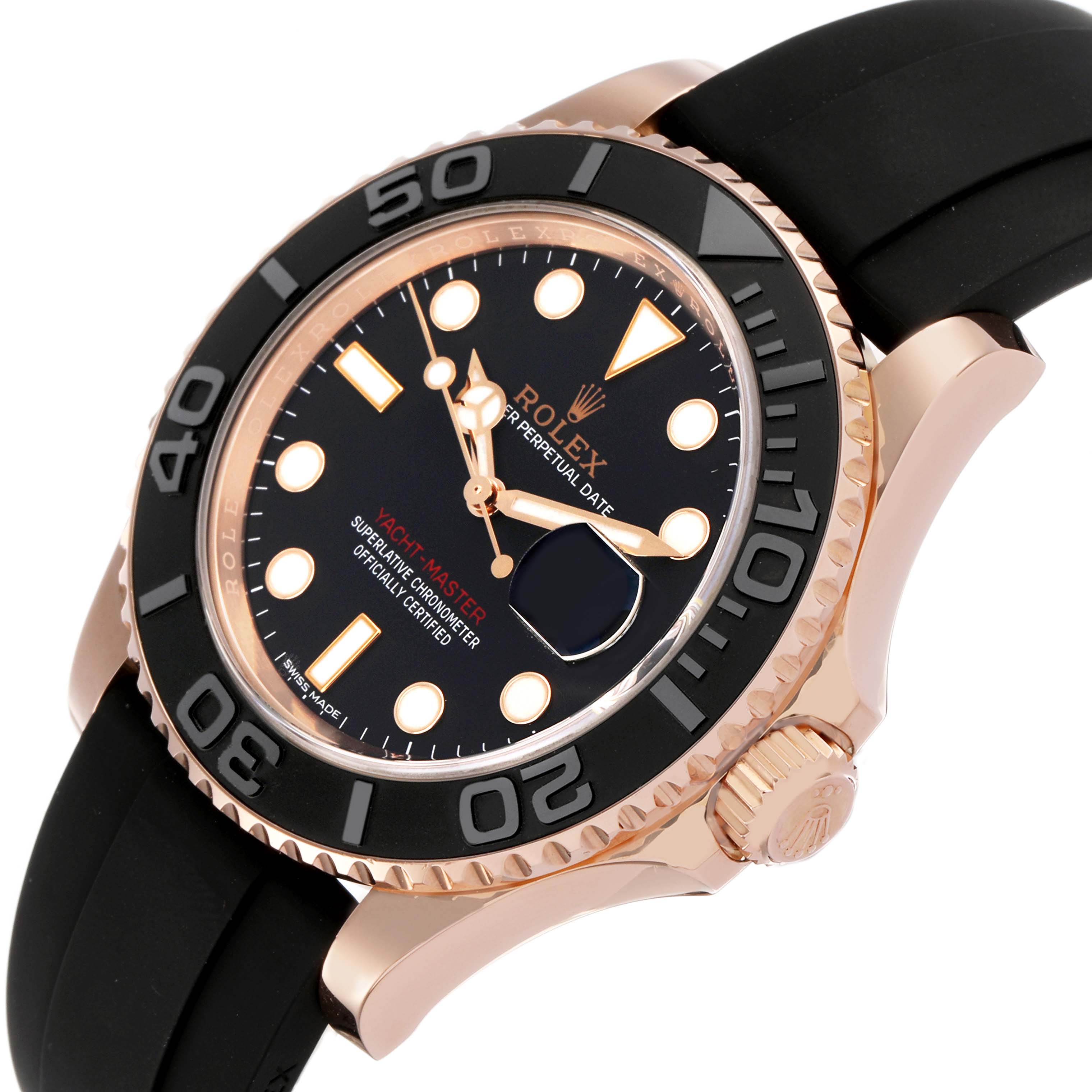 The Rolex Yacht-Master 116655 Men's Rose Gold Black Dial watch is shown at an angled top-side view, highlighting its bezel, face, and case crown.