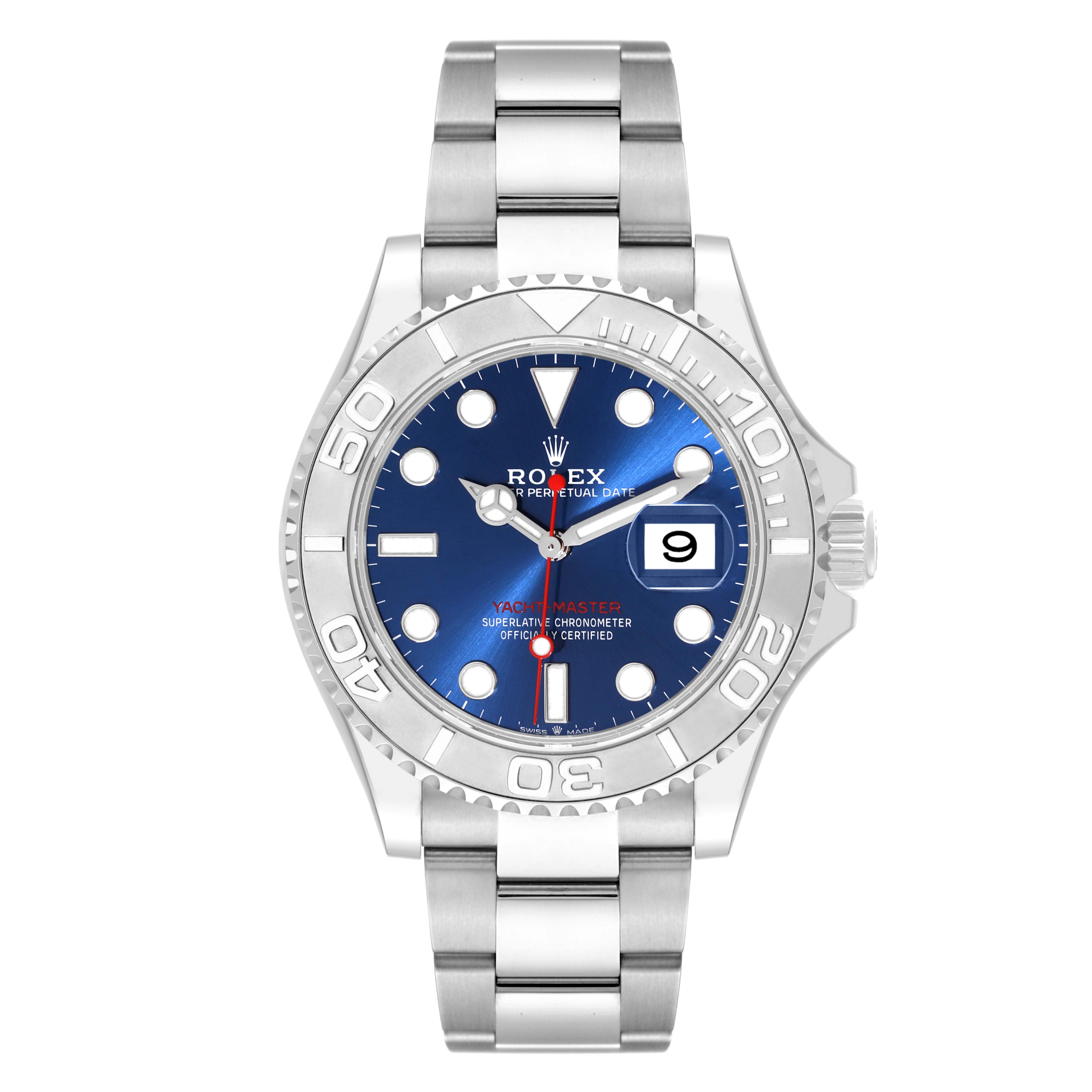 The image shows a front view of a Rolex Yacht-Master 126622 Men's Stainless Steel Blue Dial 126622 Men's Stainless Steel Blue Dial watch, highlighting its blue dial, bezel, date display, and metal bracelet.