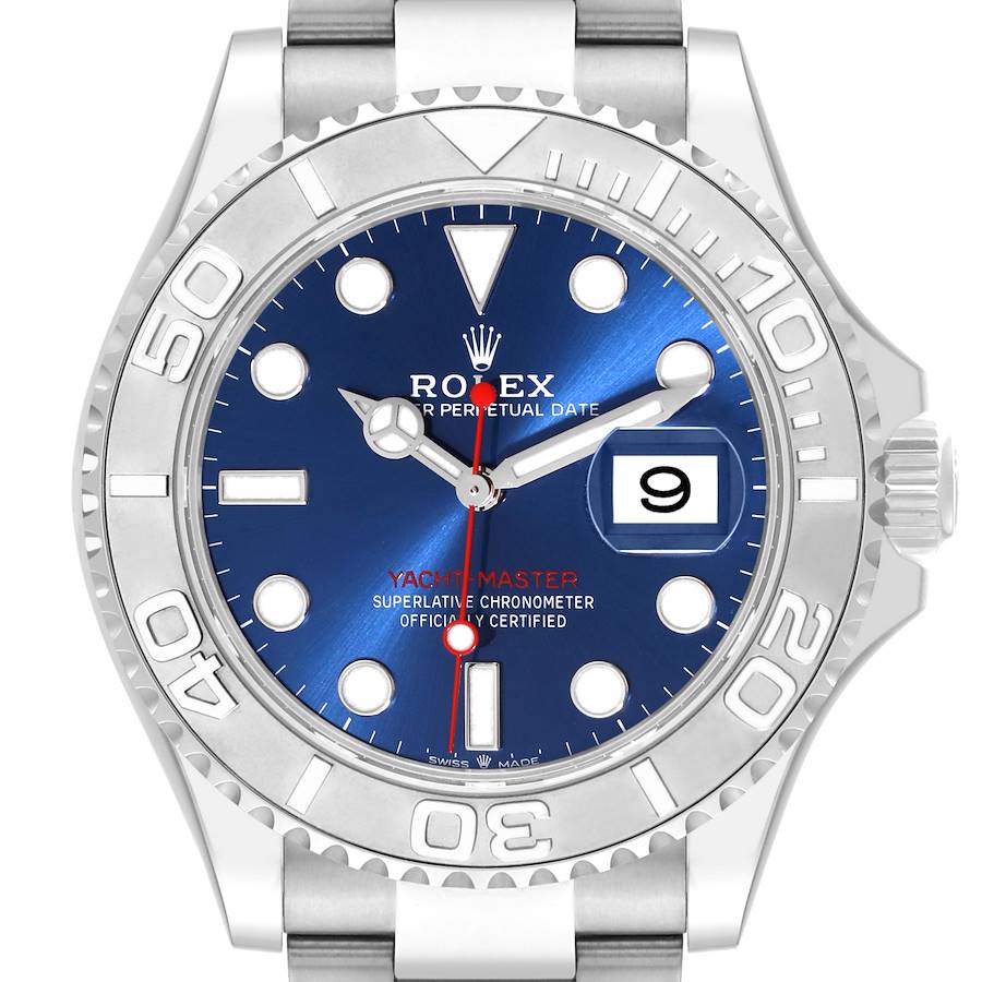 This Rolex Yacht-Master watch is shown from a frontal angle, displaying the dial, bezel, and part of the bracelet.