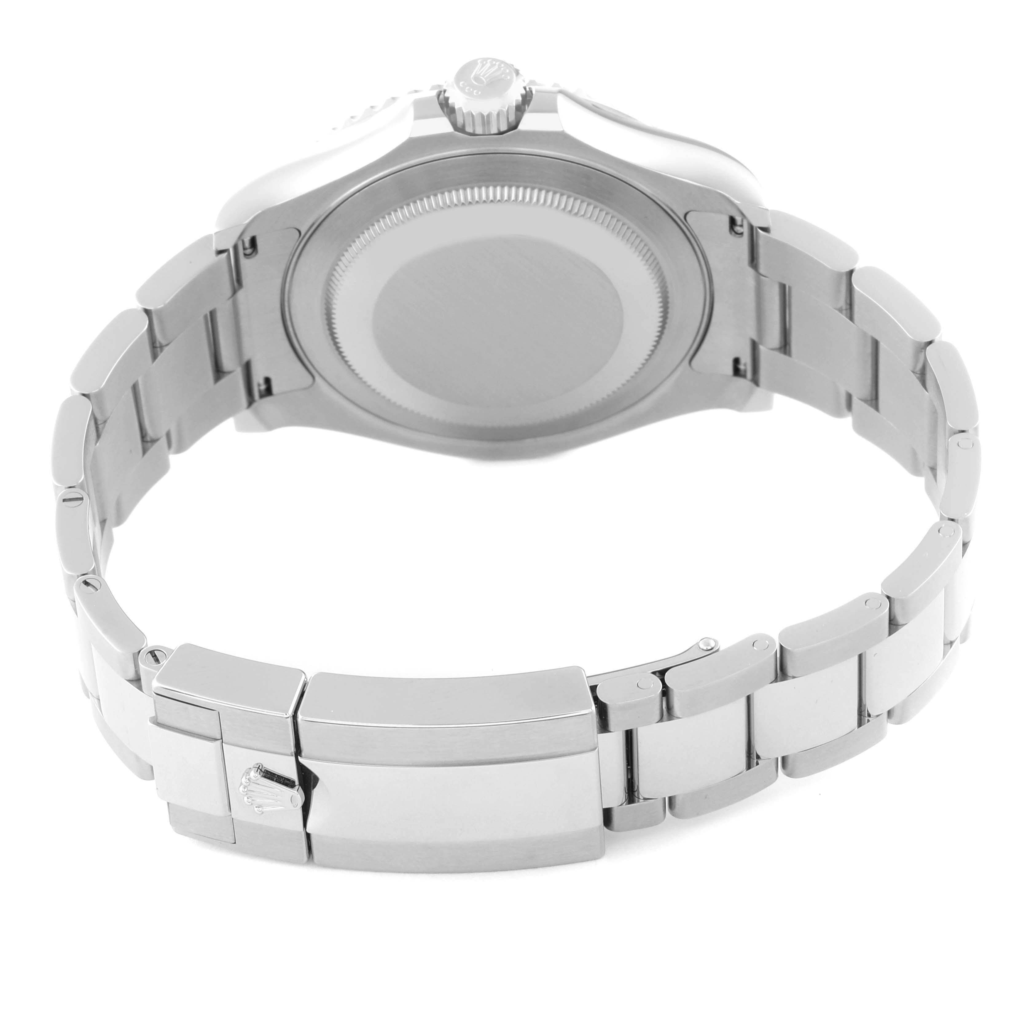 This image shows the back view of a Rolex Yacht-Master 126622 Men's Stainless Steel Blue Dial 126622 Men's Stainless Steel Blue Dial watch, highlighting the case back, clasp, and bracelet.