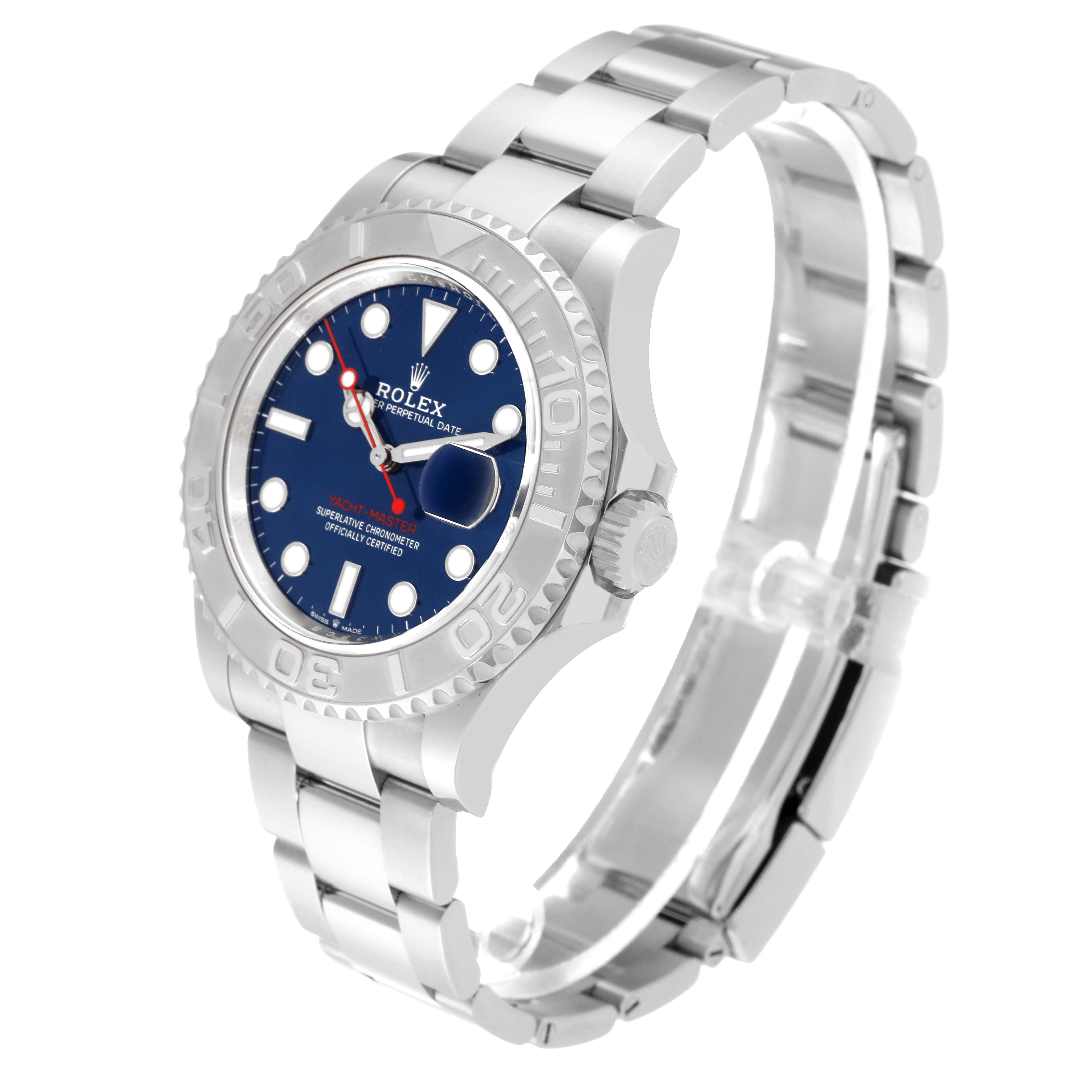 This image shows a Rolex Yacht-Master 126622 Men's Stainless Steel Blue Dial 126622 Men's Stainless Steel Blue Dial watch at a slight side angle, featuring a blue dial, bezel, and stainless steel bracelet.