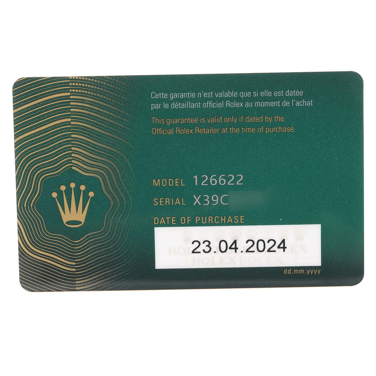 This is the warranty card for a Rolex Yacht-Master 126622 Men's Stainless Steel Blue Dial 126622 Men's Stainless Steel Blue Dial model 126622, showing details like the serial number and date of purchase.