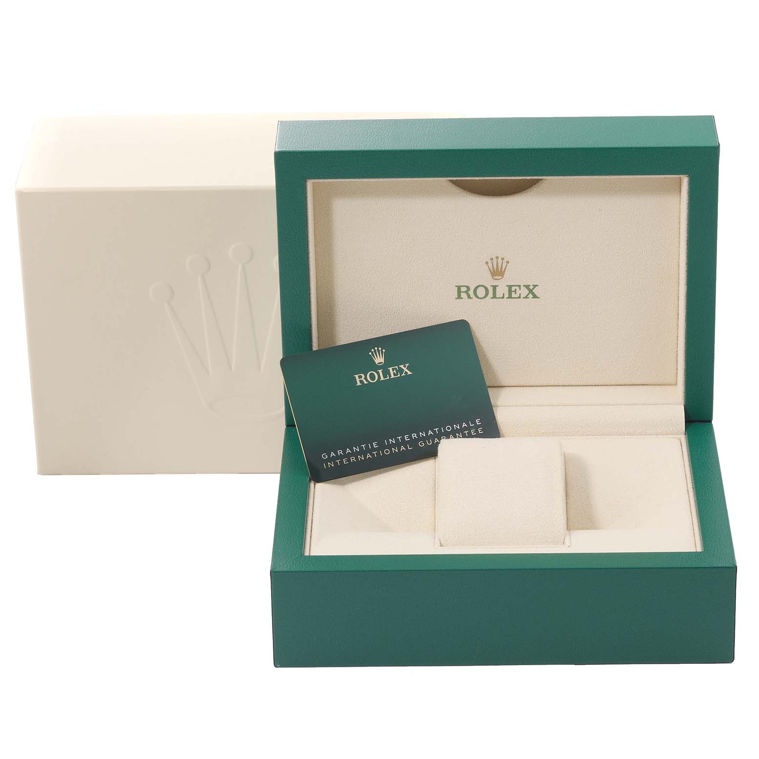 The image shows an open Rolex Yacht-Master 126622 Men's Stainless Steel Blue Dial 126622 Men's Stainless Steel Blue Dial watch box and a warranty card viewed from the front angle.