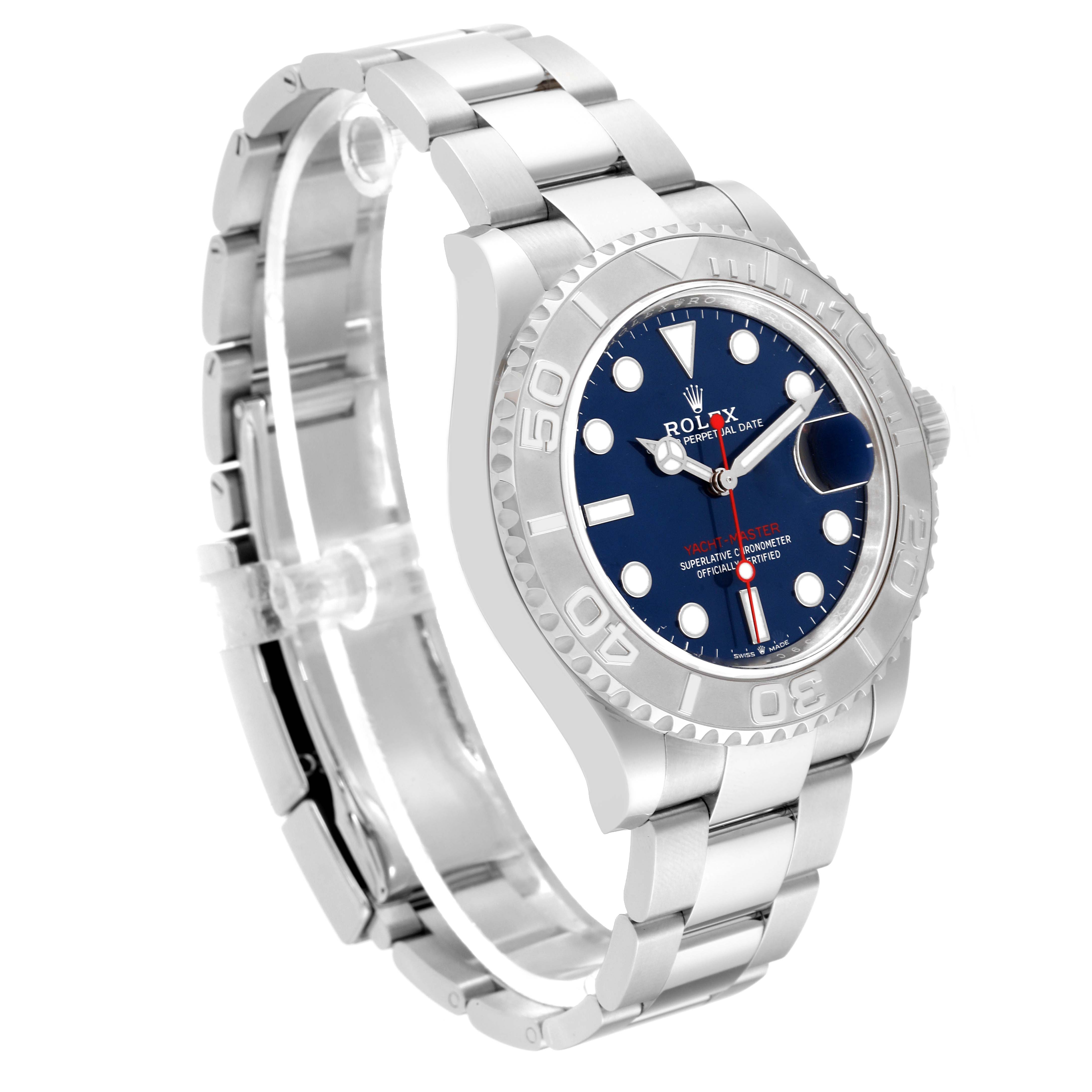 This image shows a Rolex Yacht-Master 126622 Men's Stainless Steel Blue Dial 126622 Men's Stainless Steel Blue Dial watch at an angled view showcasing its bracelet, bezel, and dial.