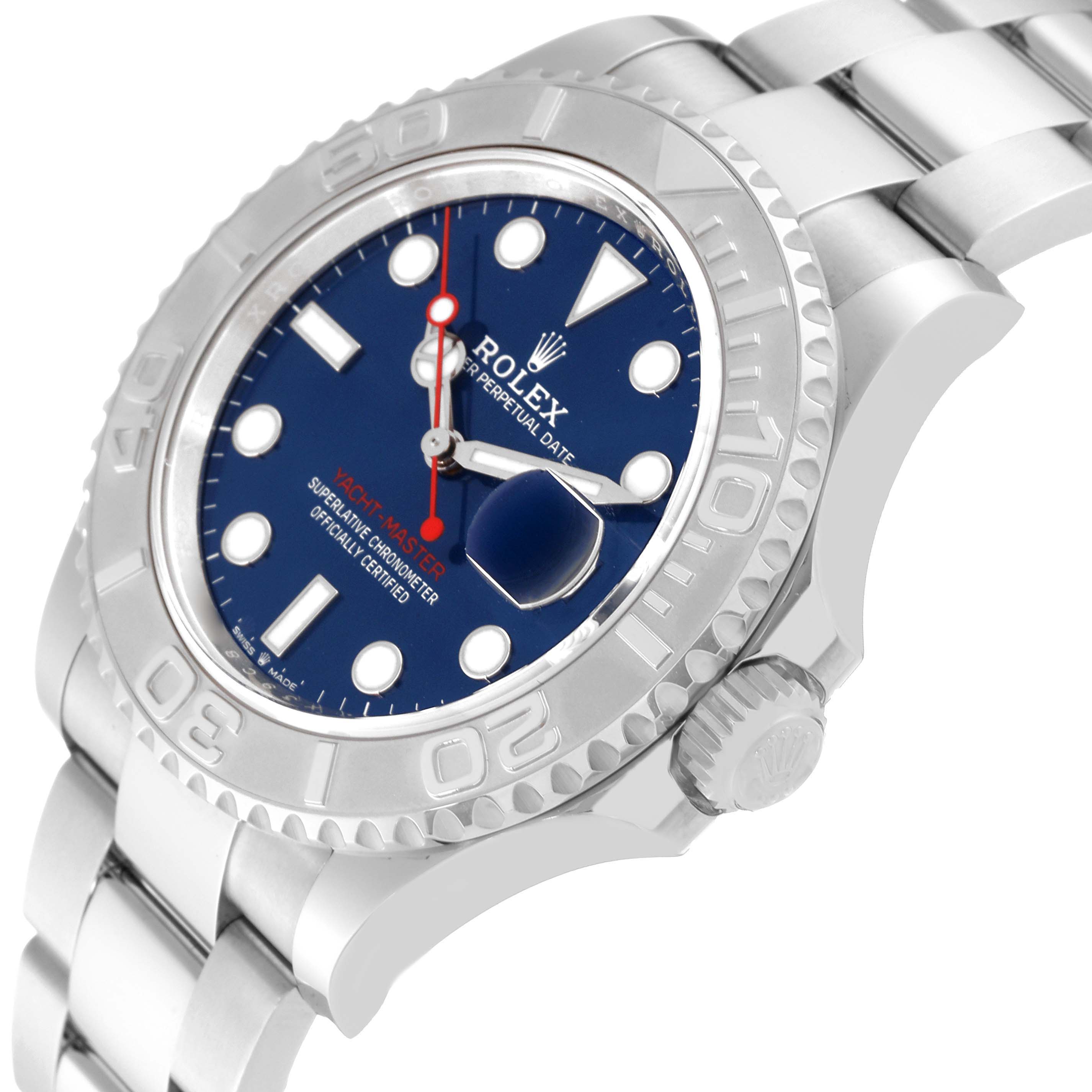 The image shows a close-up side angle of the Rolex Yacht-Master 126622 Men's Stainless Steel Blue Dial 126622 Men's Stainless Steel Blue Dial watch, highlighting the bezel, dial, crown, and bracelet.