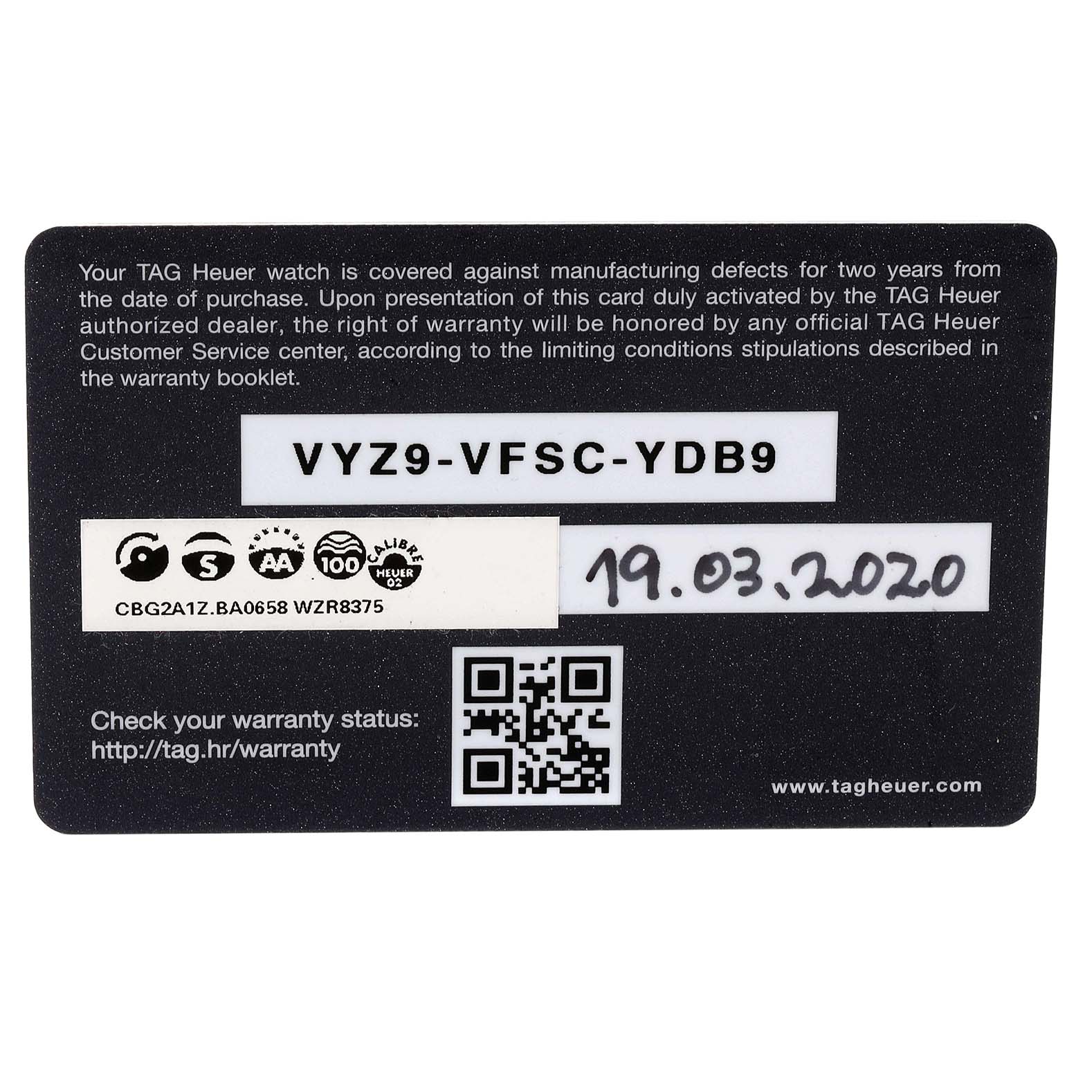 The image shows the warranty card for a Tag Heuer Carrera CBG2A1Z.BA0658  Men
s Stainless Steel Black Dial CBG2A1Z.BA0658  Men
s Stainless Steel Black Dial watch, detailing coverage and purchase information.