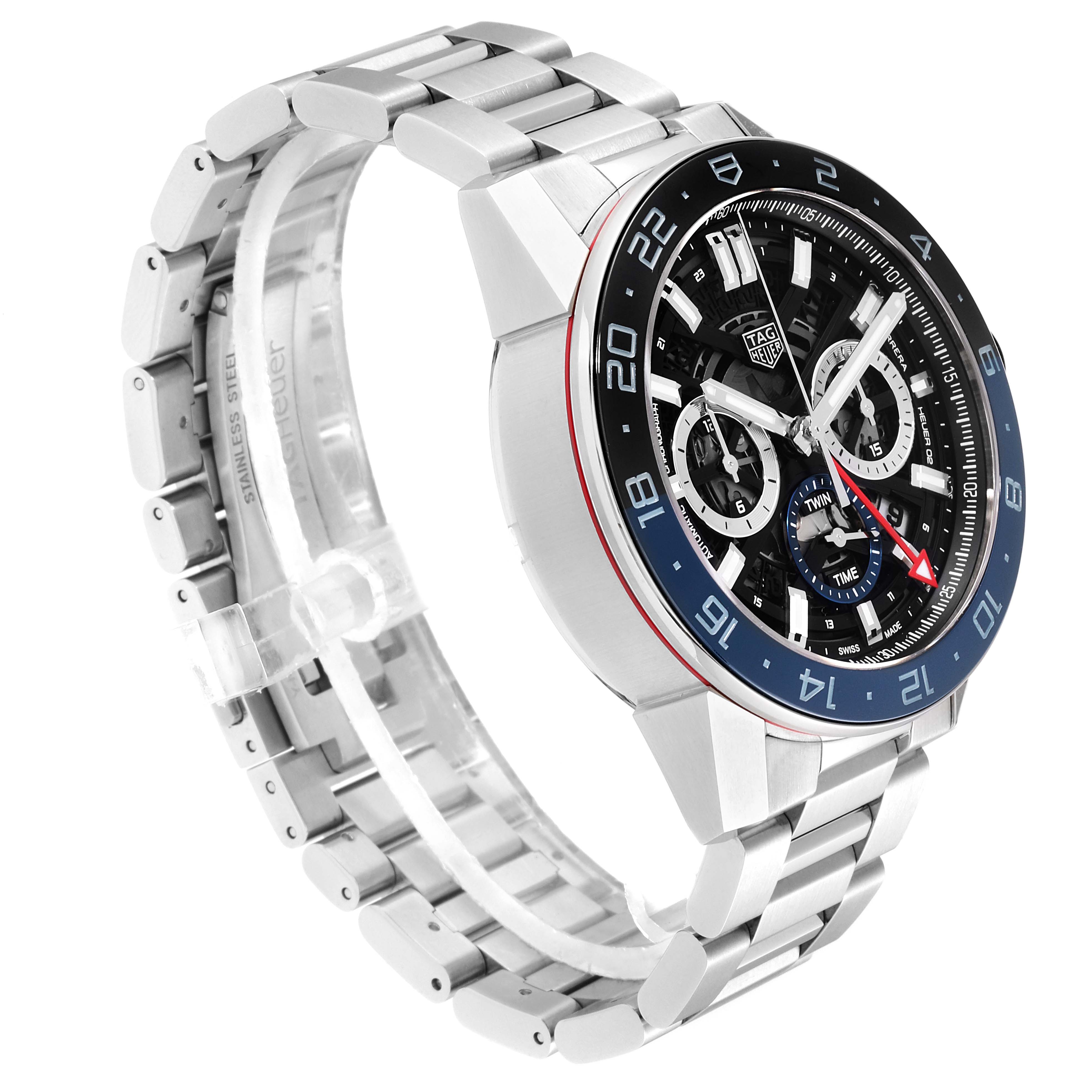 The image shows a side and front angle of the Tag Heuer Carrera CBG2A1Z.BA0658  Men
s Stainless Steel Black Dial CBG2A1Z.BA0658  Men
s Stainless Steel Black Dial watch, displaying its case, bezel, dial, and bracelet.