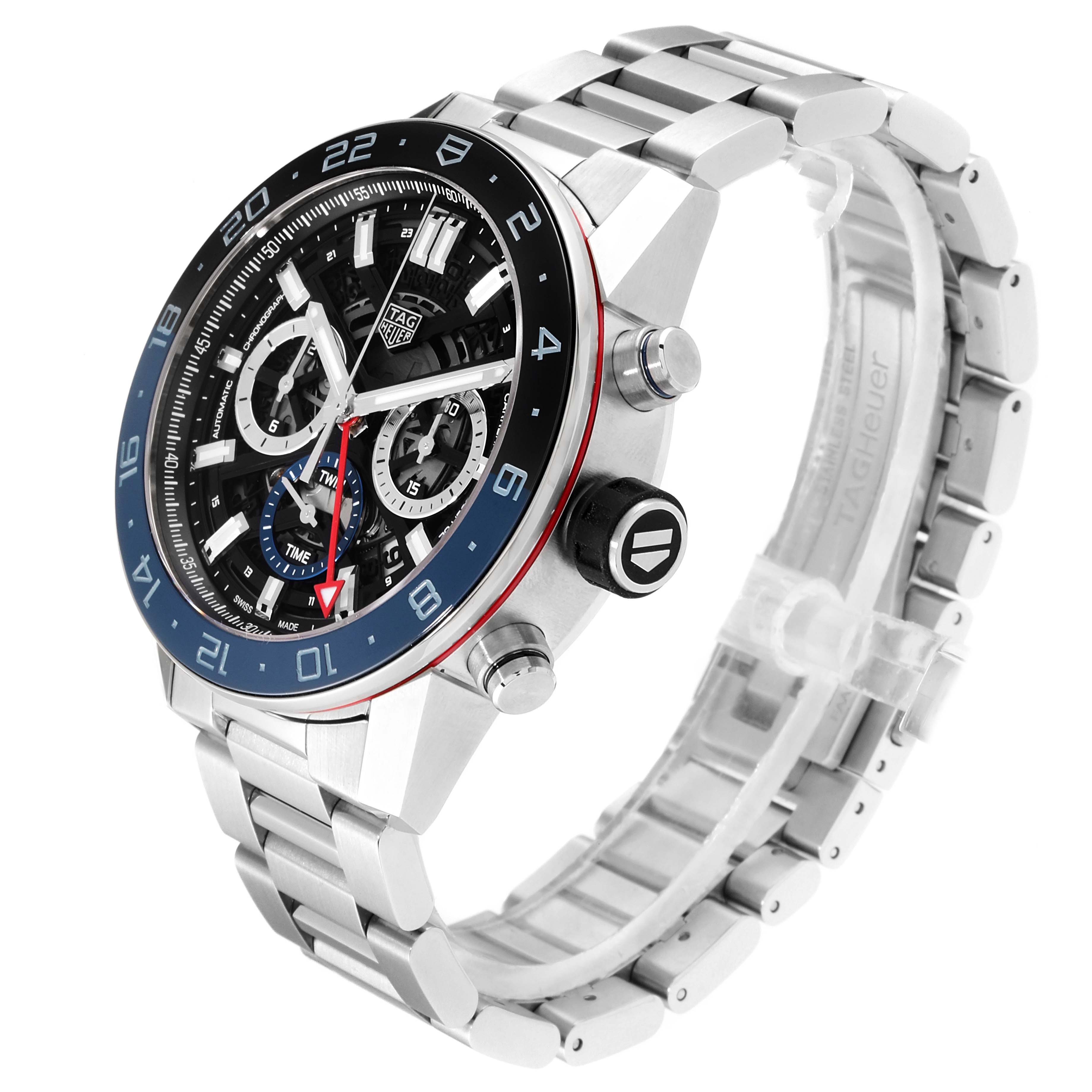 The image shows a Tag Heuer Carrera CBG2A1Z.BA0658  Men
s Stainless Steel Black Dial CBG2A1Z.BA0658  Men
s Stainless Steel Black Dial watch at a three-quarter angle, highlighting its face, bezel, bracelet, and side buttons.