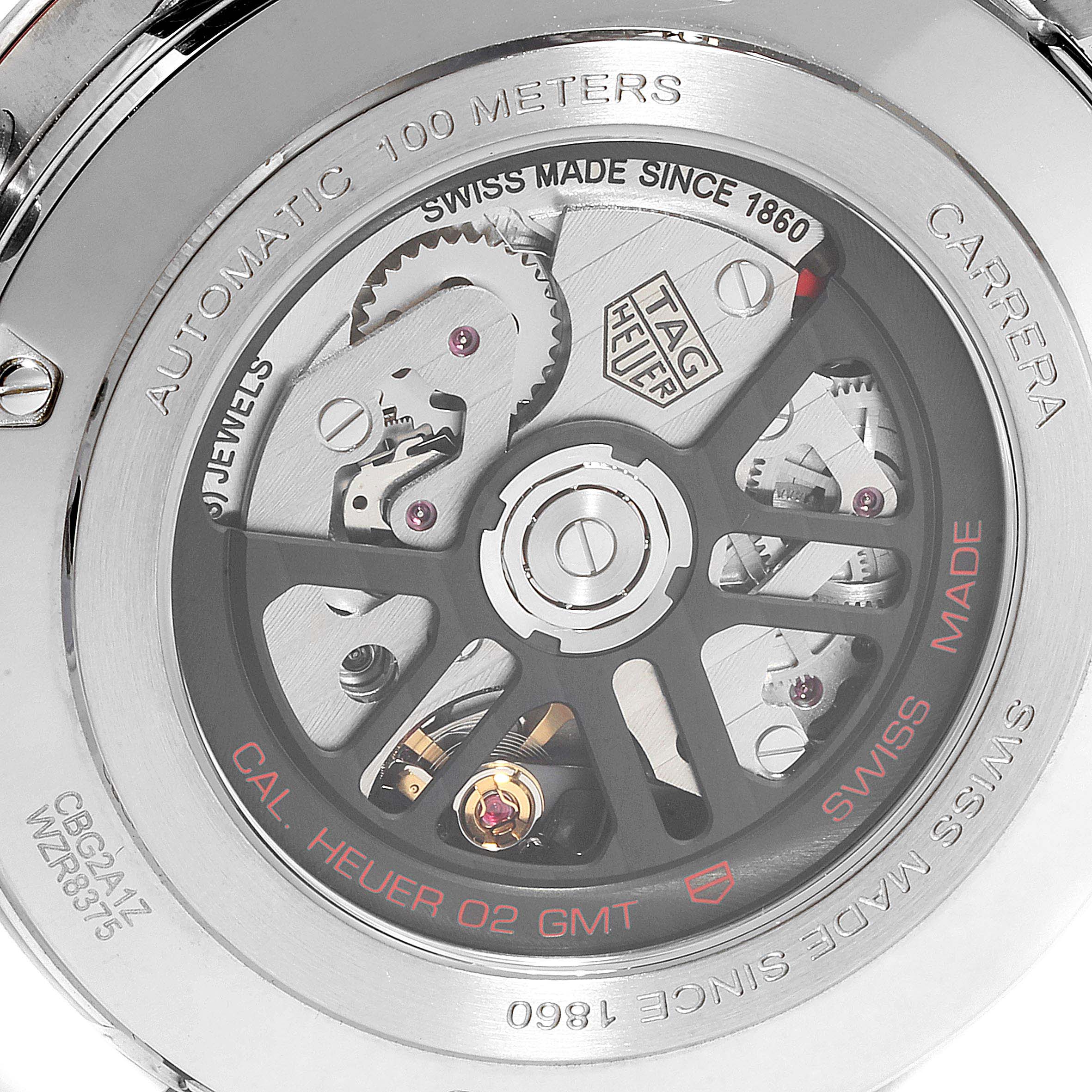 The image shows the back view of the Tag Heuer Carrera CBG2A1Z.BA0658  Men
s Stainless Steel Black Dial CBG2A1Z.BA0658  Men
s Stainless Steel Black Dial watch, highlighting its automatic movement mechanism.