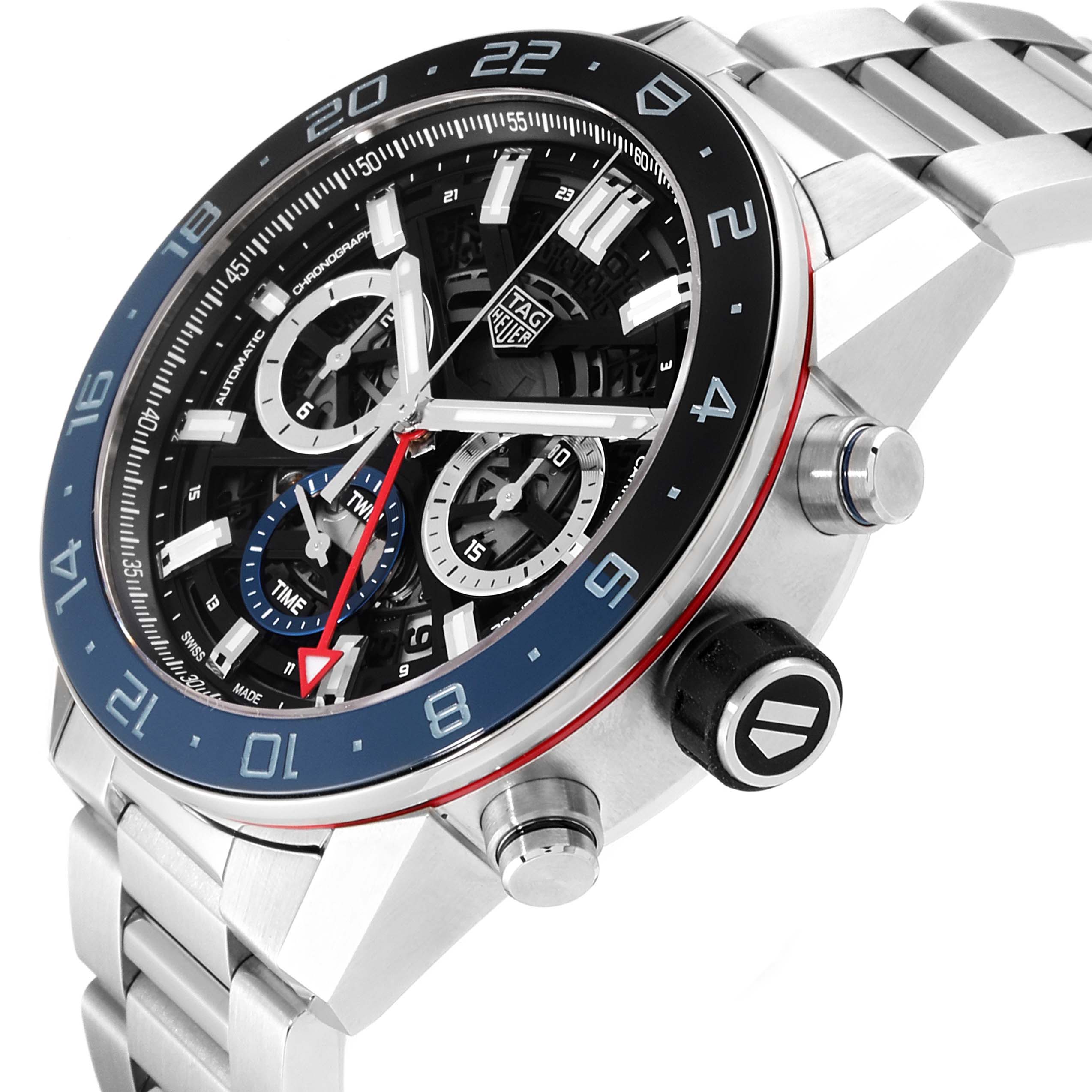 The image shows a close-up side angle of the Tag Heuer Carrera CBG2A1Z.BA0658  Men
s Stainless Steel Black Dial CBG2A1Z.BA0658  Men
s Stainless Steel Black Dial watch, highlighting its bezel, dial, and pushers.