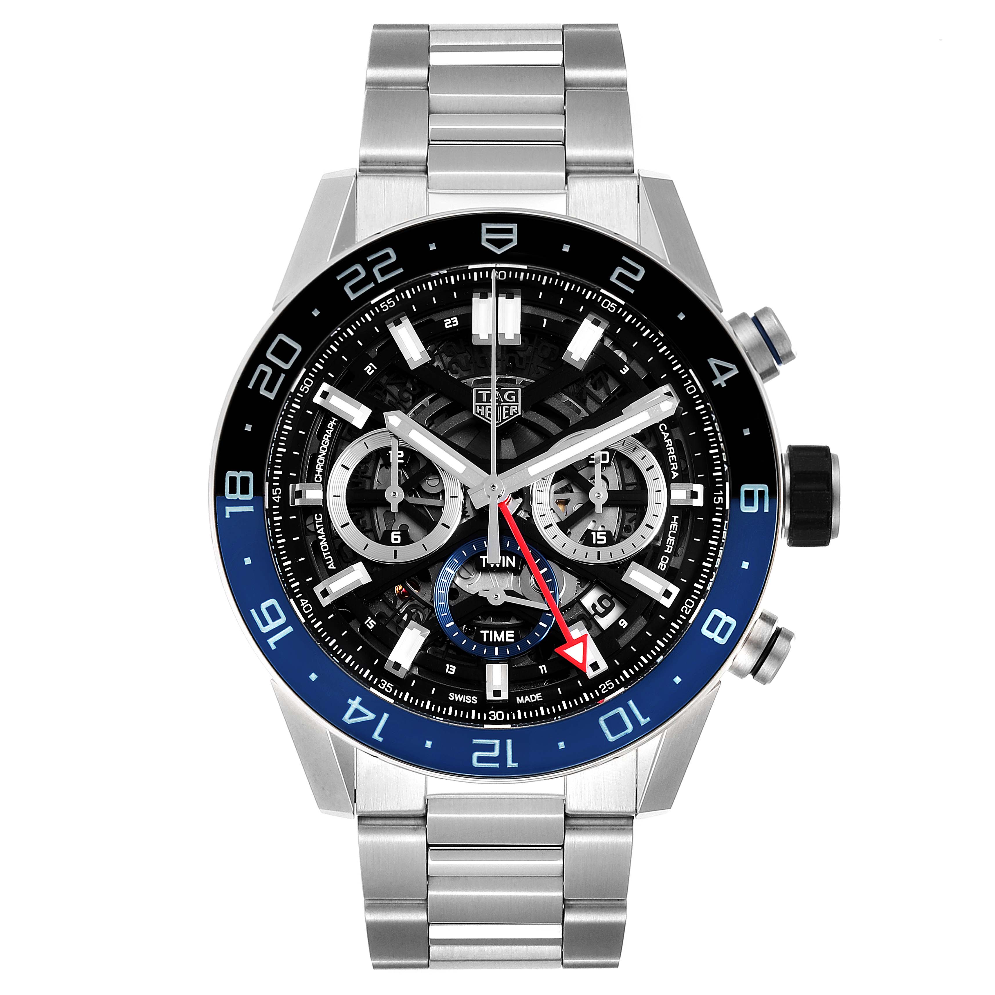 This image shows a front view of a Tag Heuer Carrera CBG2A1Z.BA0658  Men
s Stainless Steel Black Dial CBG2A1Z.BA0658  Men
s Stainless Steel Black Dial model watch including its face, dial, and stainless steel bracelet.