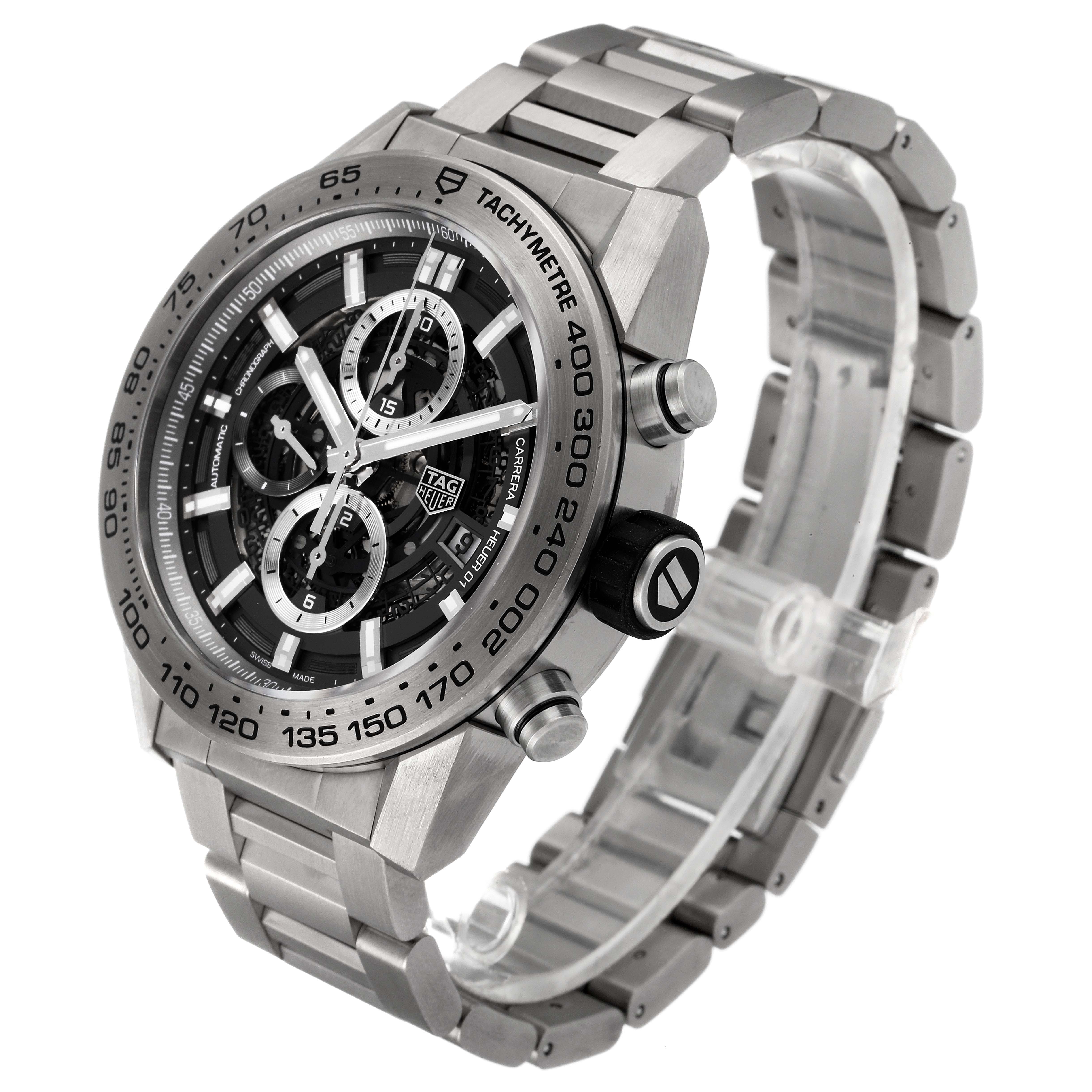 The image shows a side-angle view of a Tag Heuer Carrera CAR2A8A.FT6072 Men's Titanium Grey Dial CAR2A8A.FT6072 Men's Titanium Grey Dial watch, highlighting its tachymeter bezel and chronograph subdials.