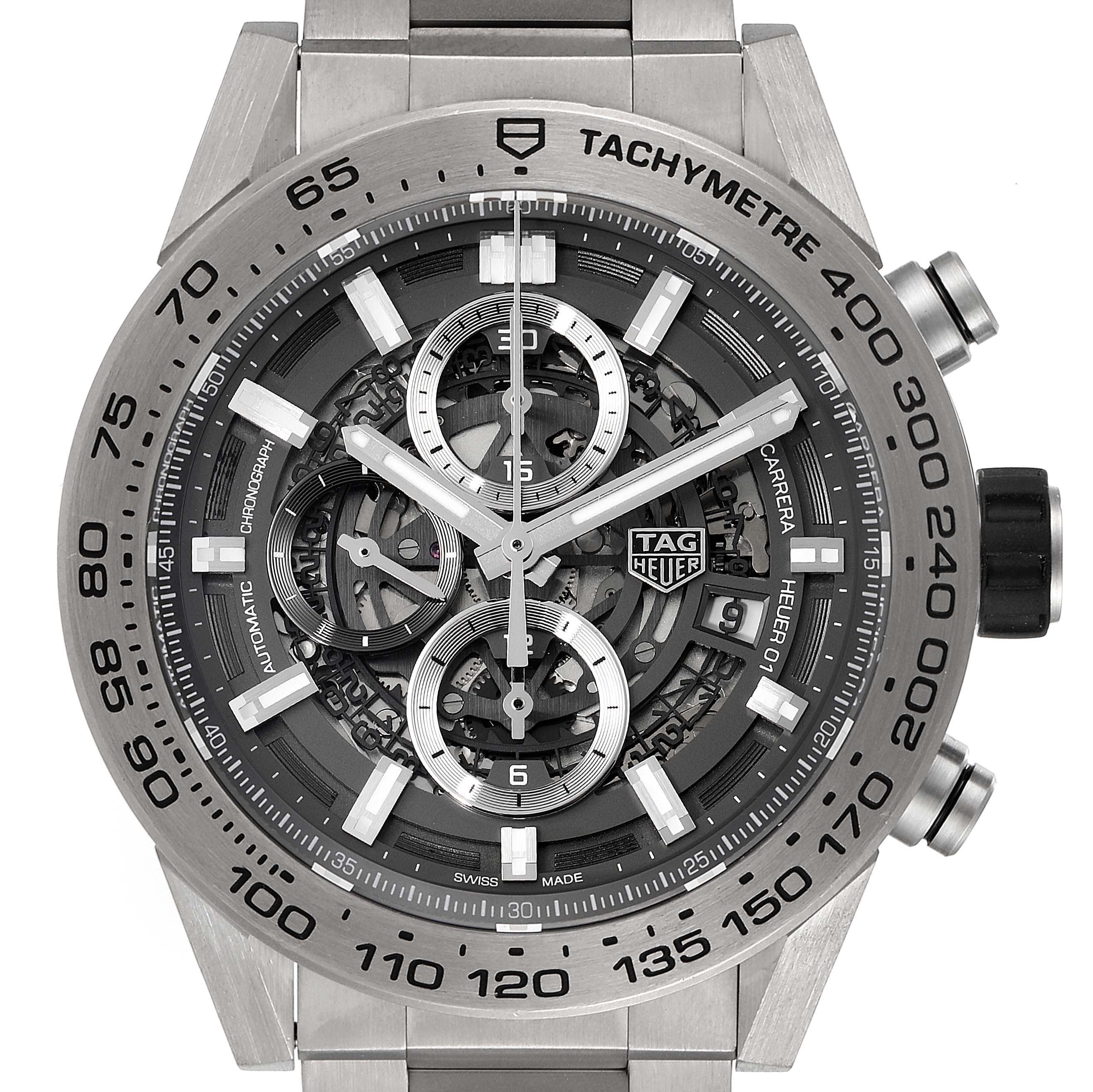 The image shows a frontal view of a Tag Heuer Carrera CAR2A8A.FT6072 Men's Titanium Grey Dial CAR2A8A.FT6072 Men's Titanium Grey Dial watch, highlighting its dial, tachymeter bezel, and chronograph sub-dials.