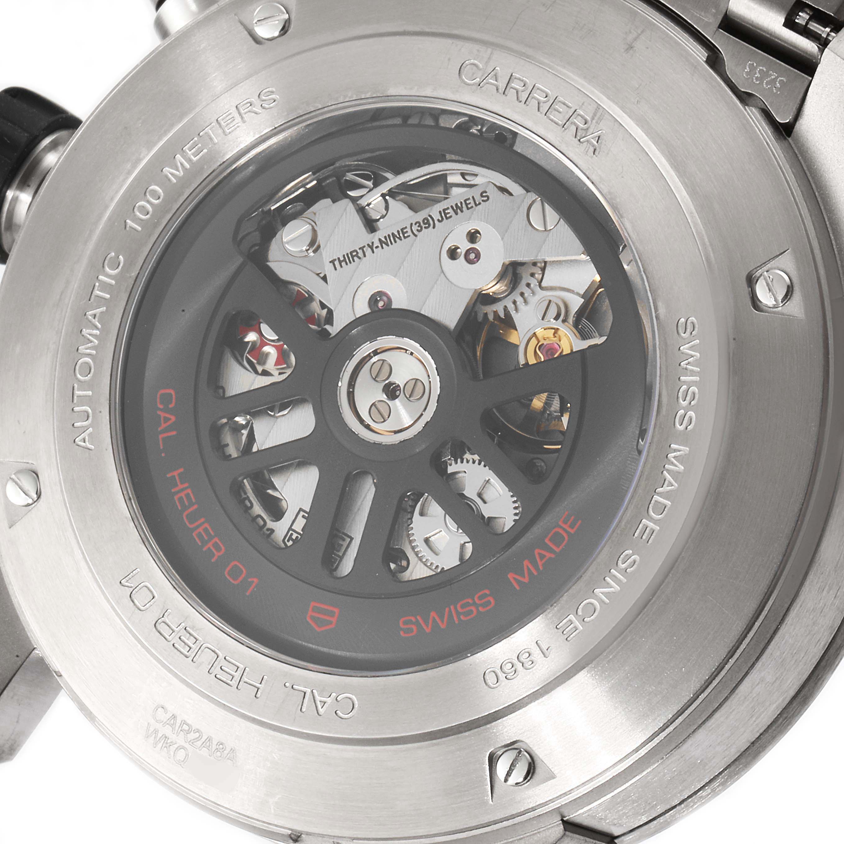 The image shows the back view of a Tag Heuer Carrera CAR2A8A.FT6072 Men's Titanium Grey Dial CAR2A8A.FT6072 Men's Titanium Grey Dial watch, highlighting the automatic movement.