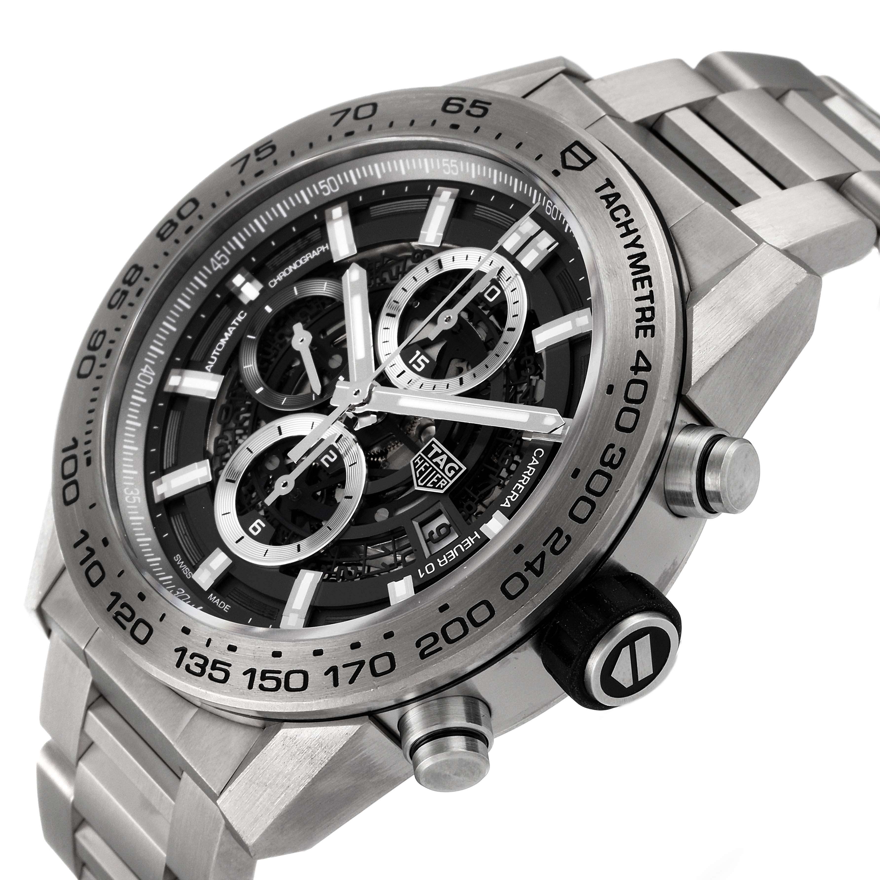 The Tag Heuer Carrera CAR2A8A.FT6072 Men's Titanium Grey Dial CAR2A8A.FT6072 Men's Titanium Grey Dial watch is shown from an angled side view, highlighting the dial, bezel, and metallic strap.