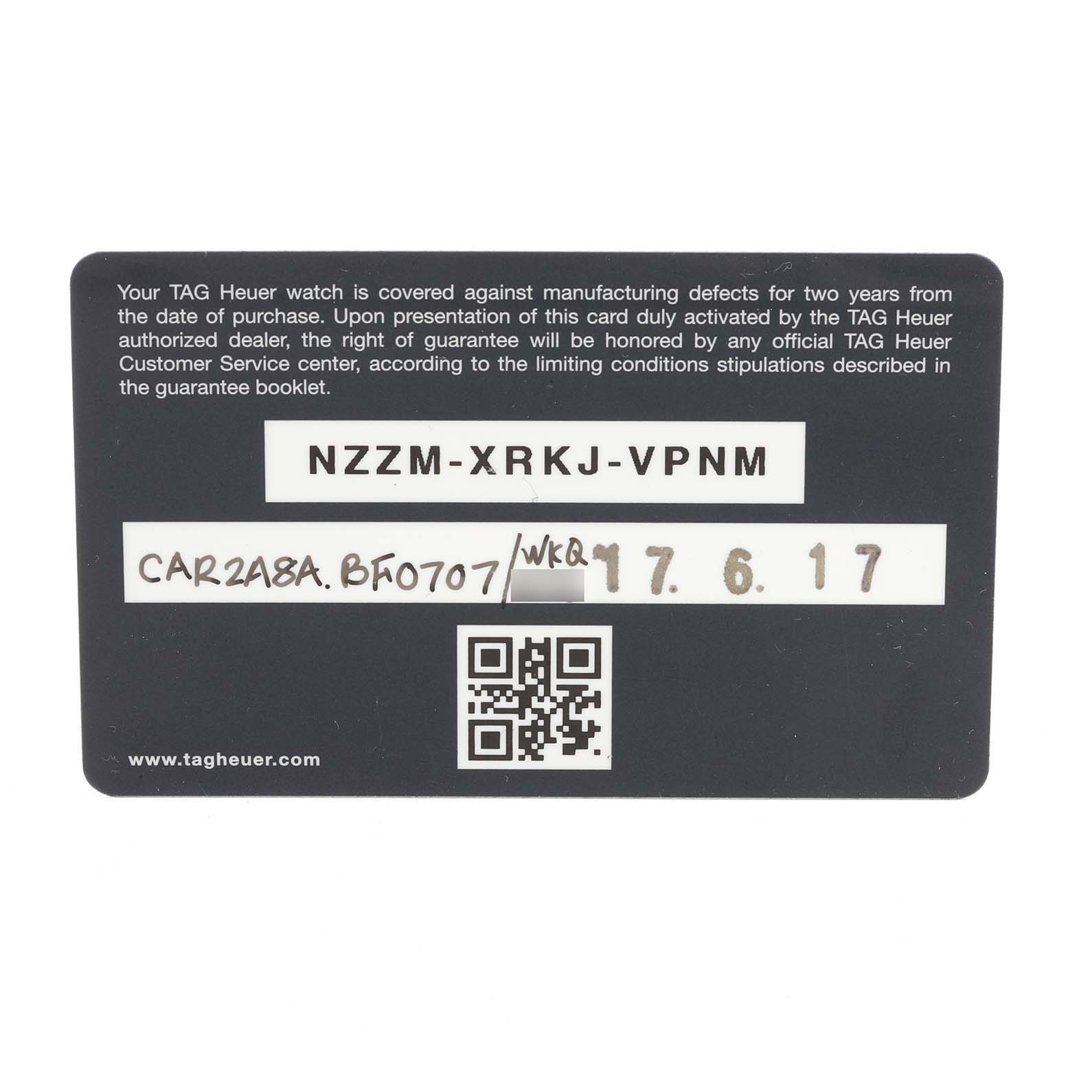 This image shows a warranty card for a Tag Heuer Carrera CAR2A8A.FT6072 Men's Titanium Grey Dial CAR2A8A.FT6072 Men's Titanium Grey Dial model watch, displaying purchase date and serial number.