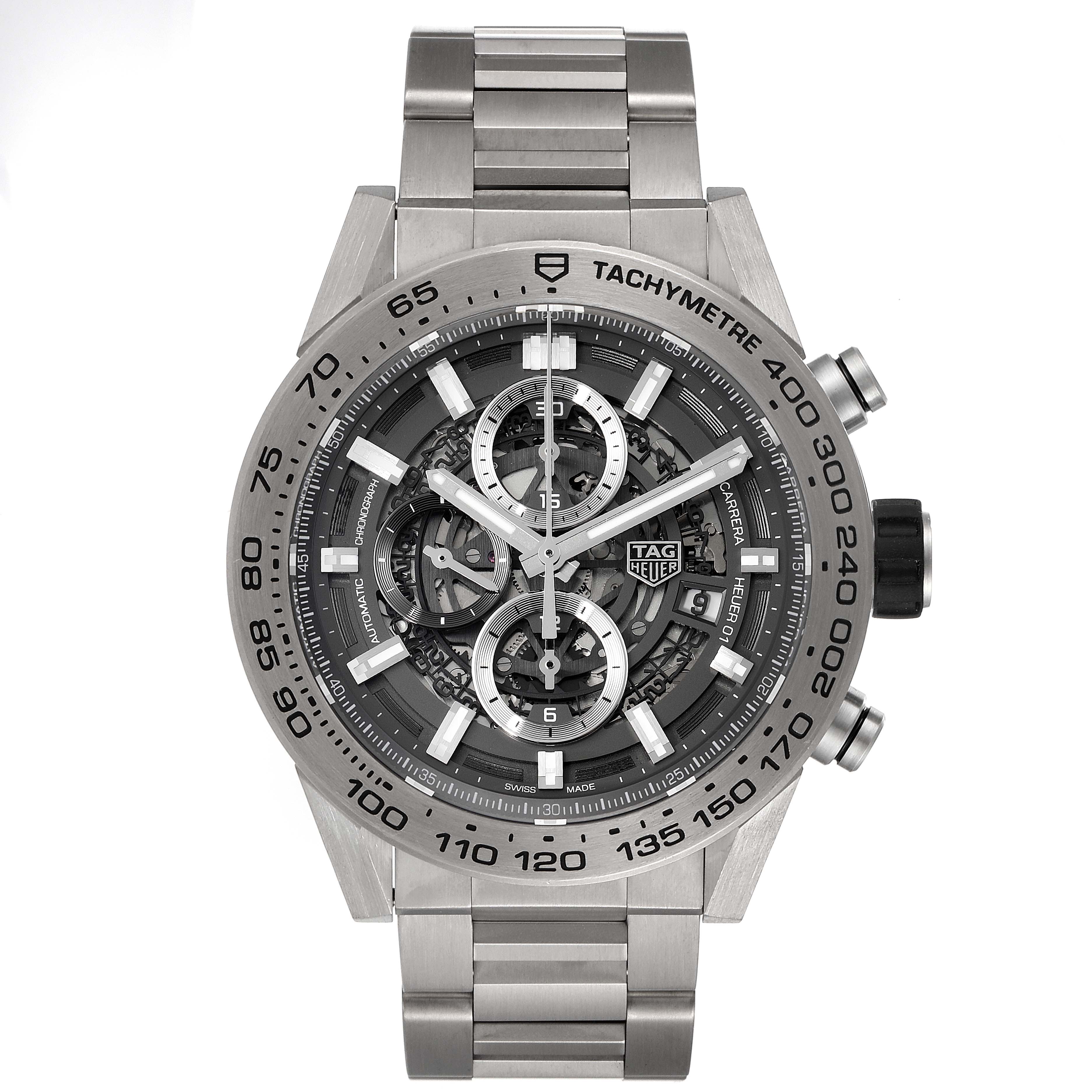 The image shows a Tag Heuer Carrera CAR2A8A.FT6072 Men's Titanium Grey Dial CAR2A8A.FT6072 Men's Titanium Grey Dial watch from the front, highlighting its face, case, and stainless steel bracelet.