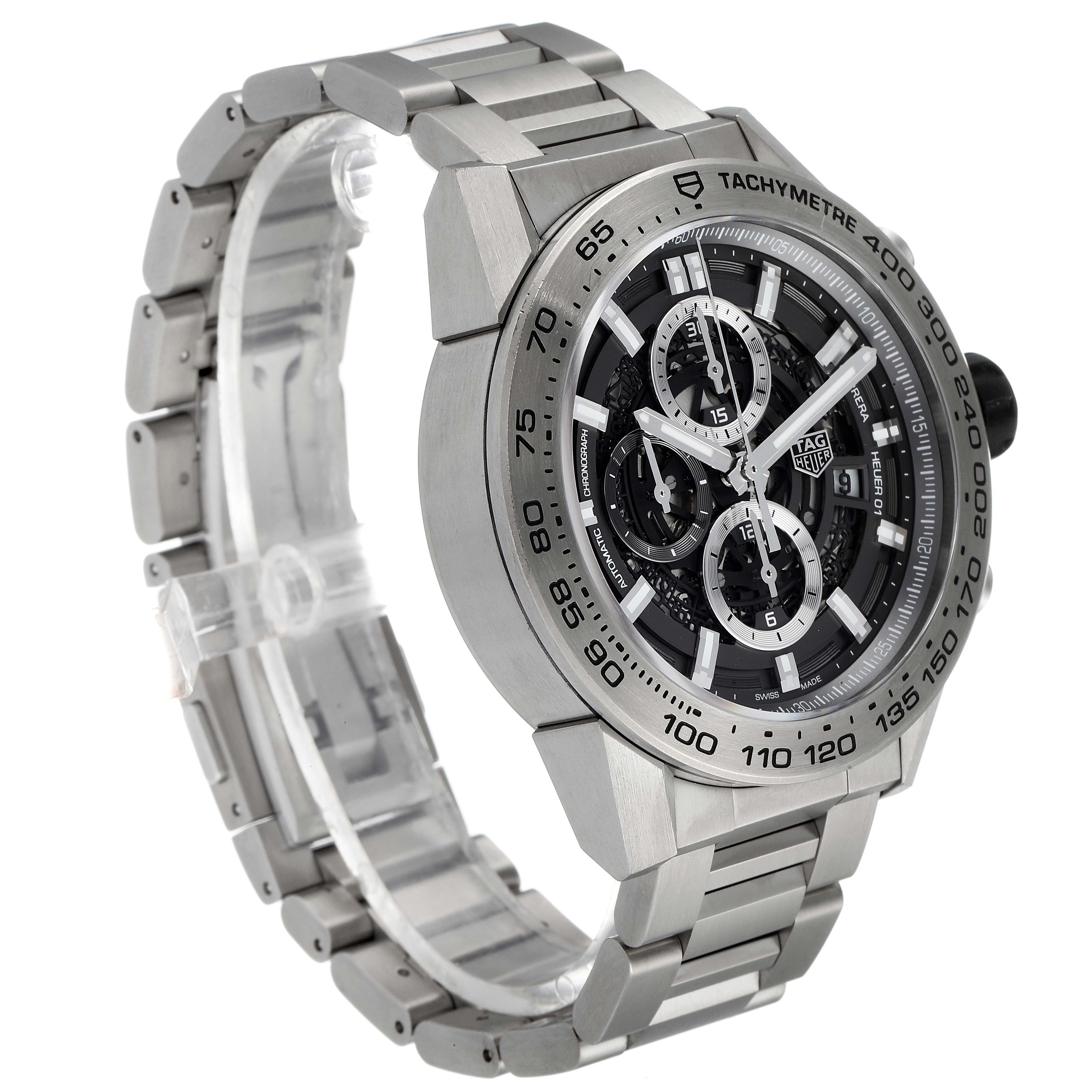 This Tag Heuer Carrera CAR2A8A.FT6072 Men's Titanium Grey Dial CAR2A8A.FT6072 Men's Titanium Grey Dial model watch is shown at a three-quarter angle, displaying the face, bezel, and metal bracelet.