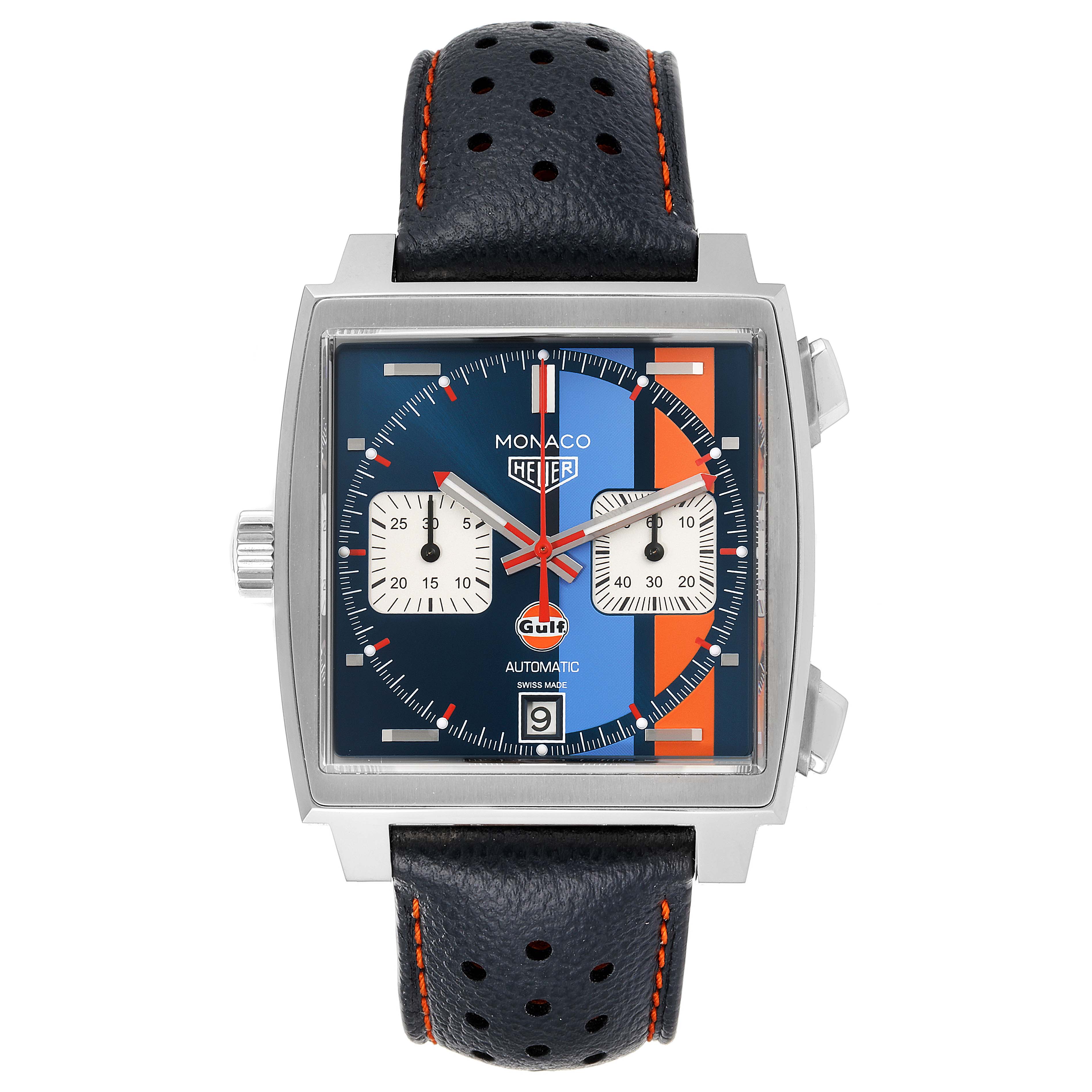 The image shows the front view of a Tag Heuer Monaco CAW211R.FC6401 Men's Stainless Steel Blue Dial CAW211R.FC6401 Men's Stainless Steel Blue Dial watch, highlighting its dial, case, and strap.