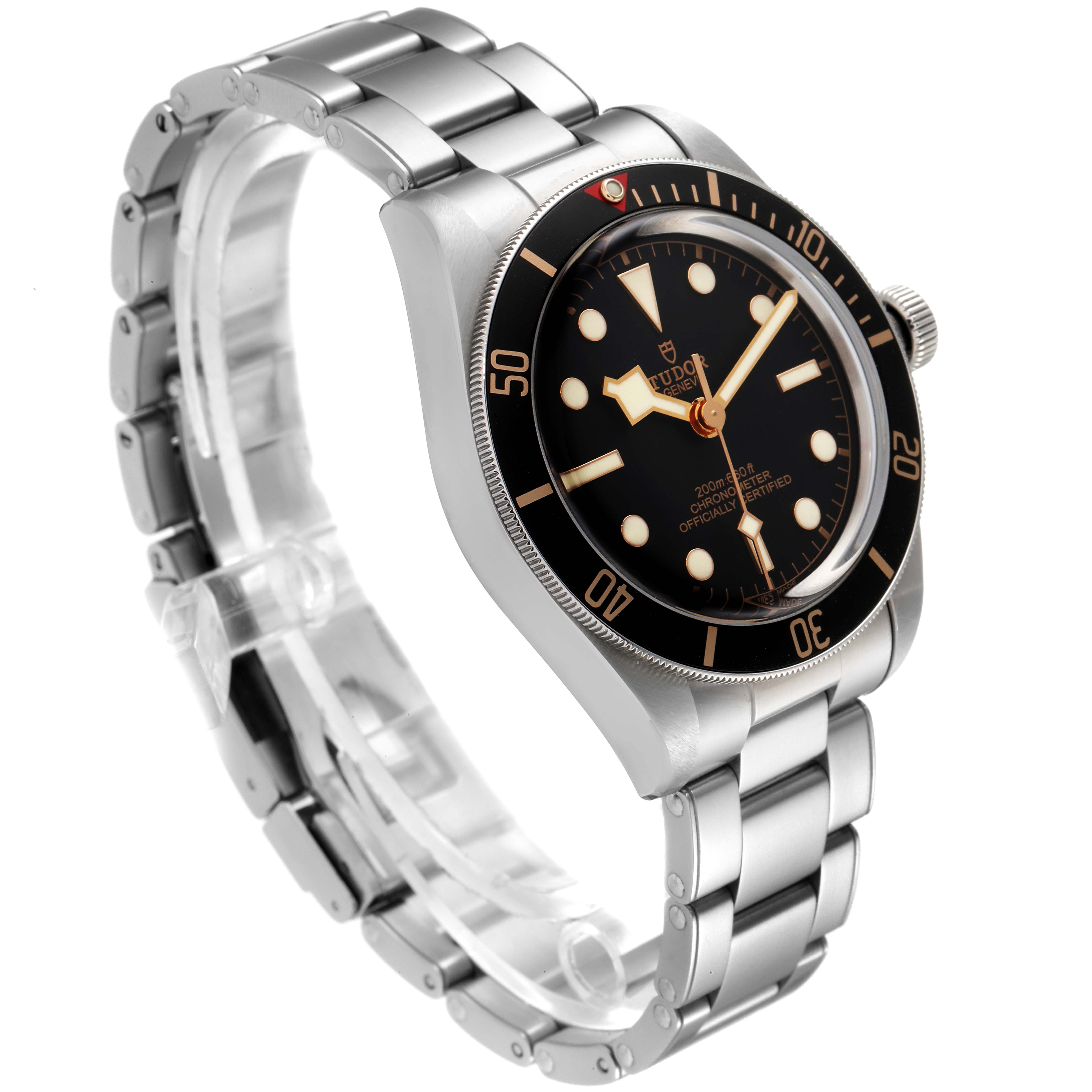 The Tudor Heritage Black Bay 79030N Men
s Stainless Steel Black Dial 79030N Men
s Stainless Steel Black Dial watch is shown at a three-quarter angle displaying the face, bezel, crown, and bracelet.
