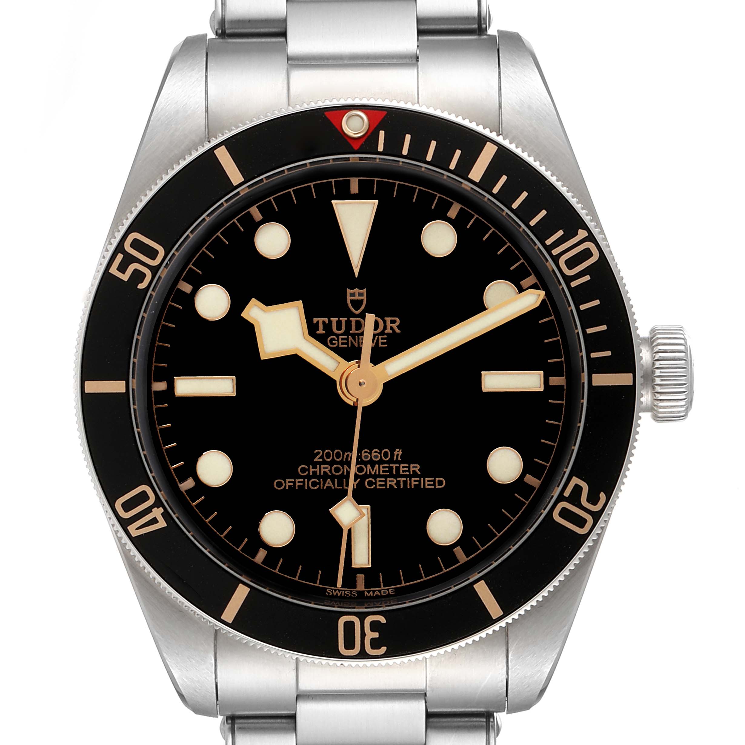 The image shows a head-on view of the Tudor Heritage Black Bay 79030N Men
s Stainless Steel Black Dial 79030N Men
s Stainless Steel Black Dial watch, highlighting the dial, bezel, and part of the bracelet.