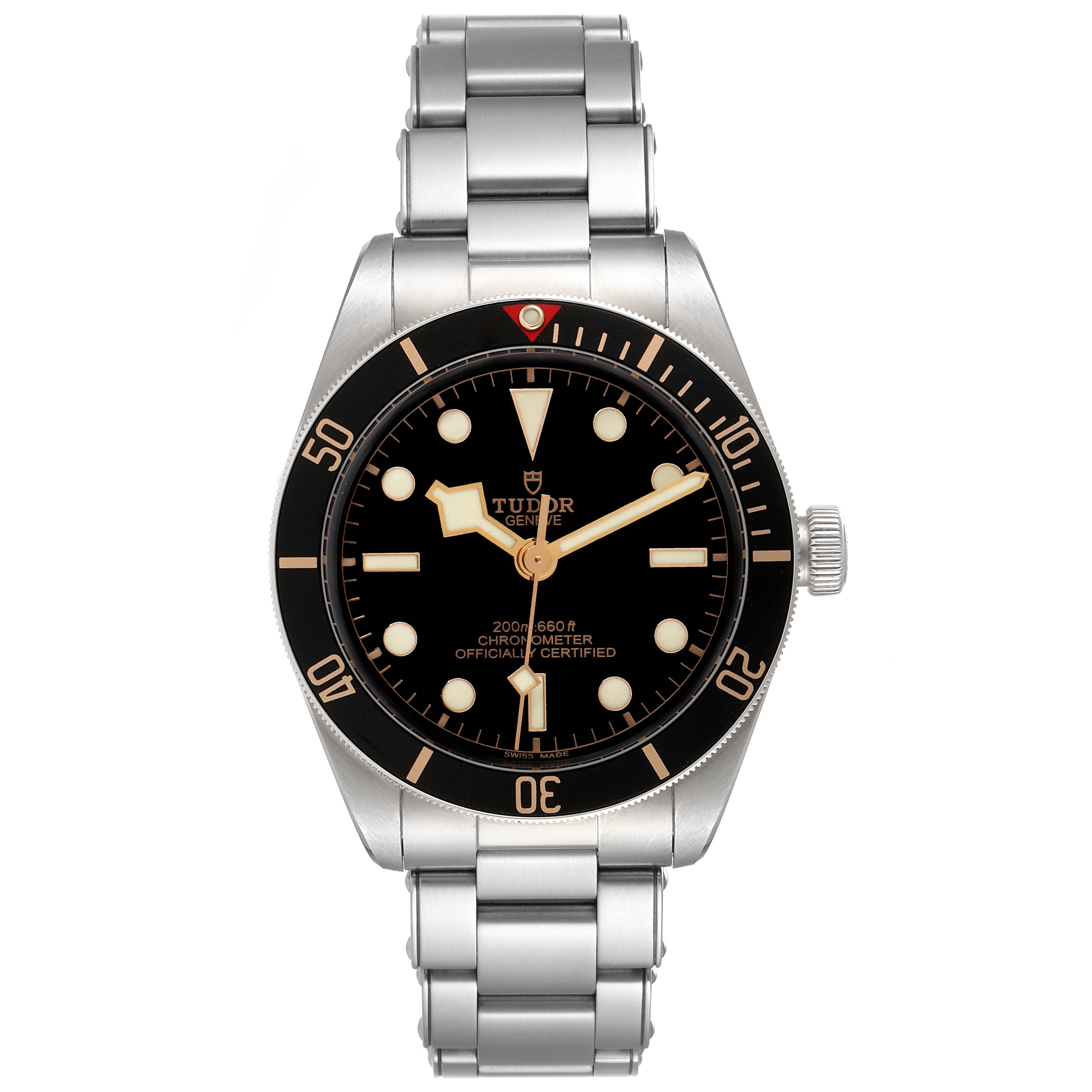 The Tudor Heritage Black Bay 79030N Men
s Stainless Steel Black Dial 79030N Men
s Stainless Steel Black Dial watch is shown from a front angle, displaying the face and metal bracelet.