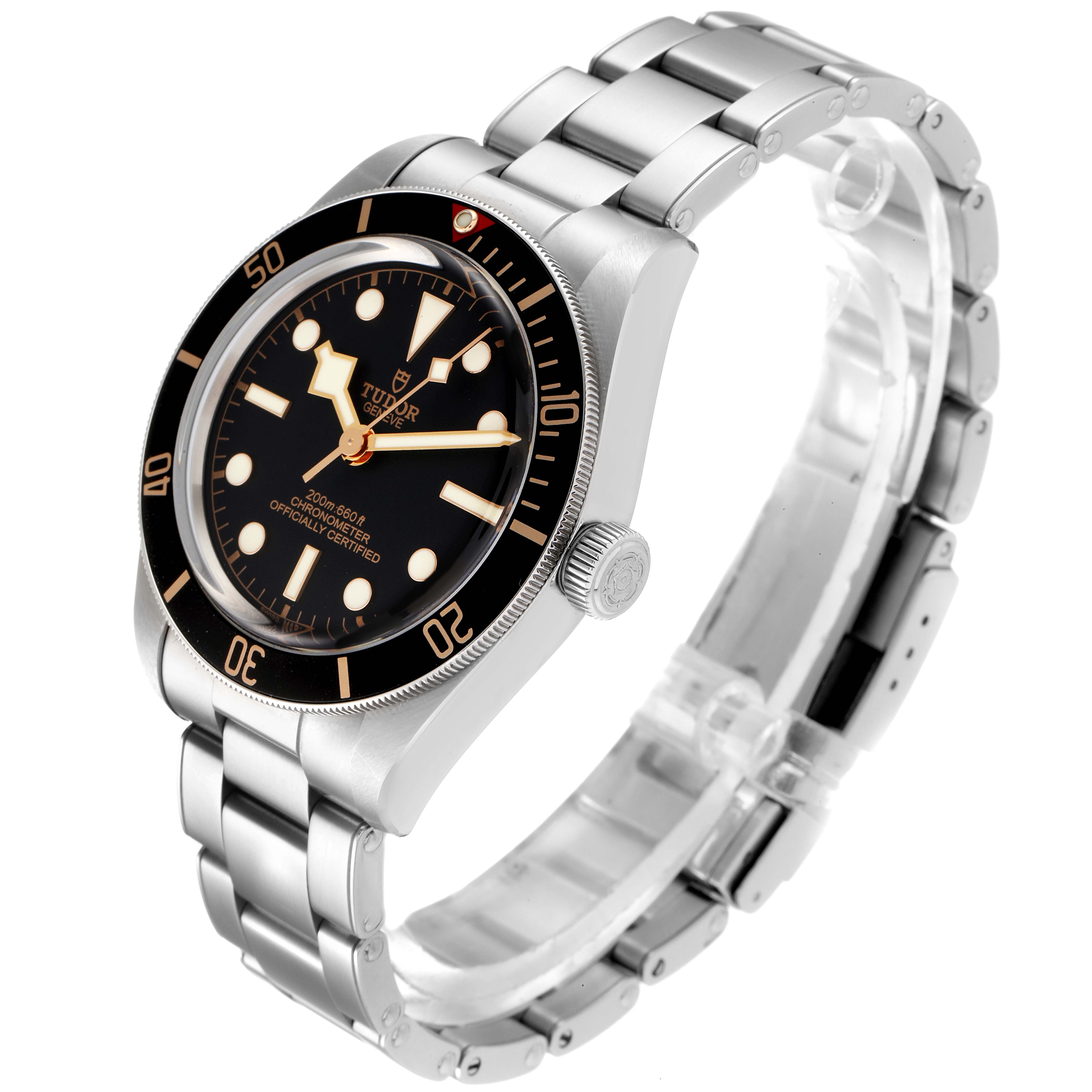 This image shows the Tudor Heritage Black Bay 79030N Men
s Stainless Steel Black Dial 79030N Men
s Stainless Steel Black Dial watch from an angled front view, highlighting the dial, bezel, crown, and bracelet.