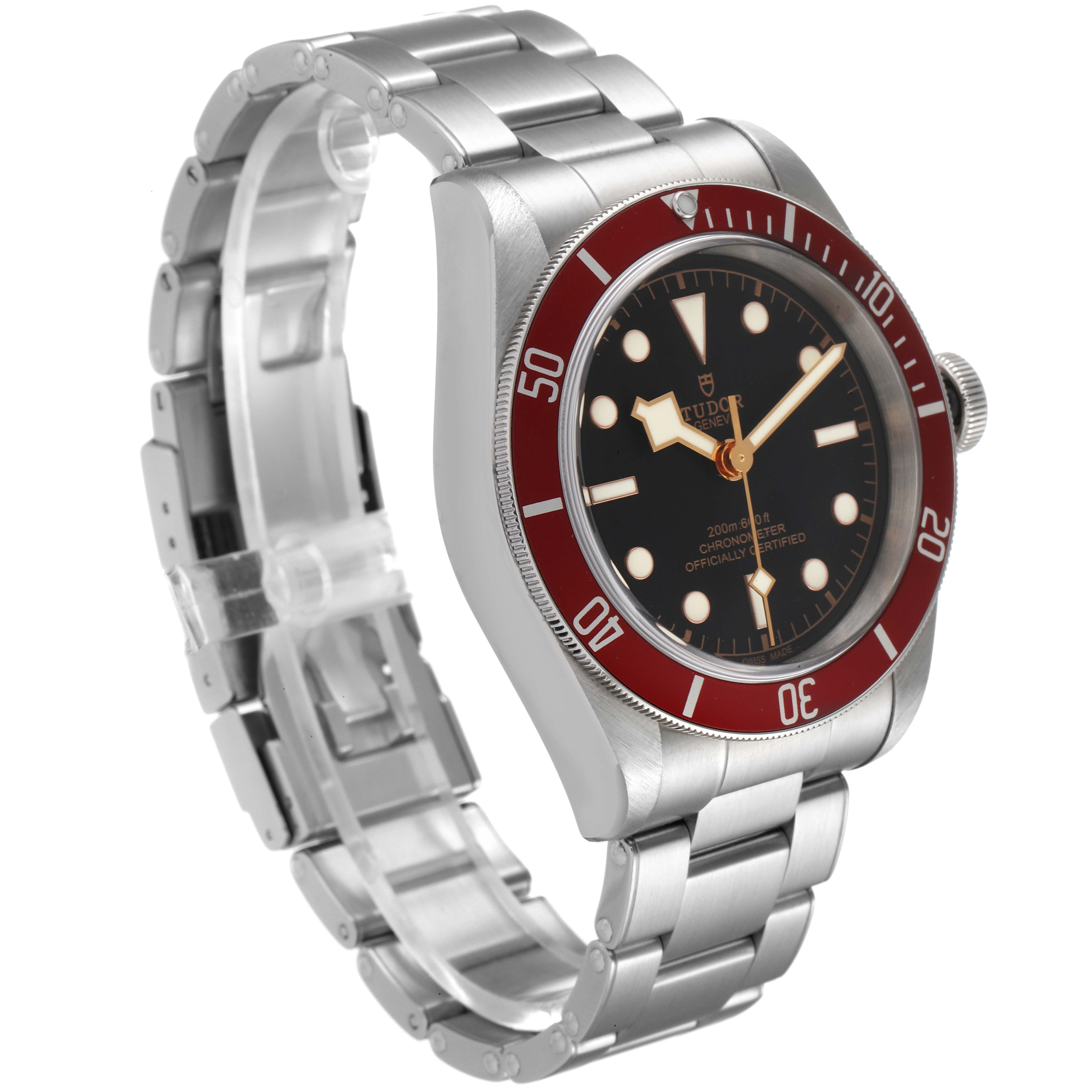 The image shows a Tudor Heritage Black Bay 79230R Men
s Stainless Steel Black Dial 79230R Men
s Stainless Steel Black Dial watch angled to display its face, bezel, crown, and bracelet.