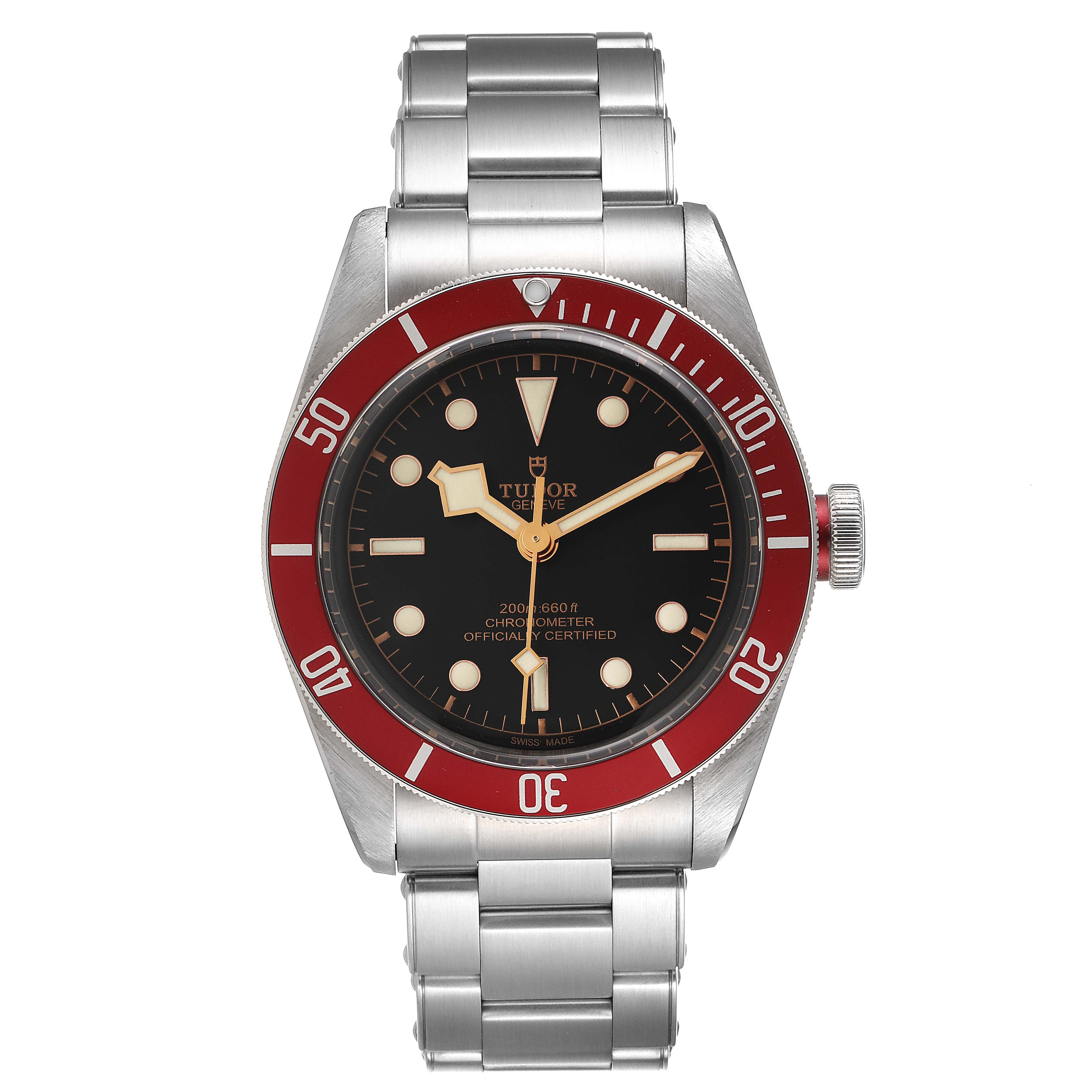 The image shows a front view of the Tudor Heritage Black Bay 79230R Men
s Stainless Steel Black Dial 79230R Men
s Stainless Steel Black Dial watch, highlighting its bezel, dial, and bracelet.