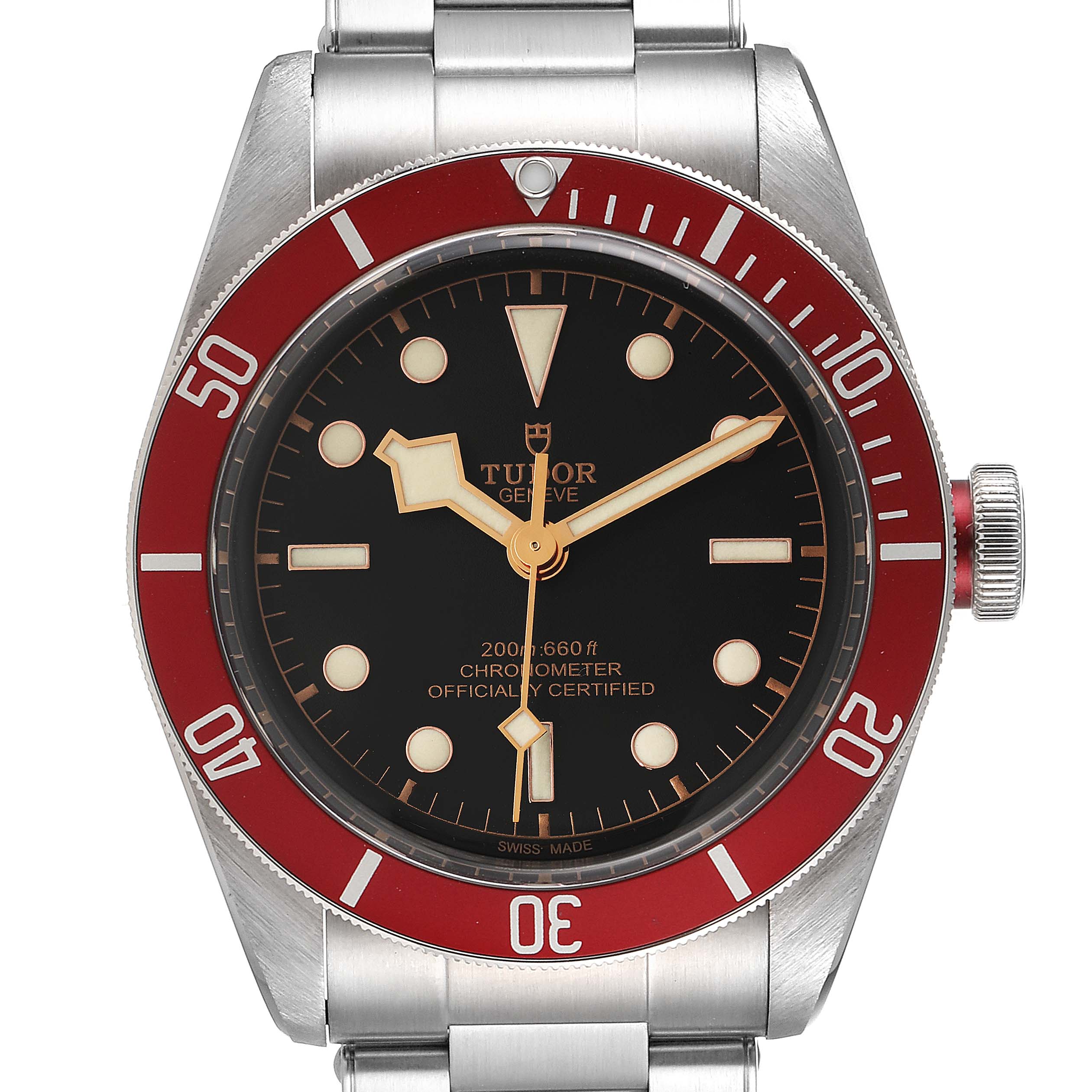 The image shows a front view of the Tudor Heritage Black Bay 79230R Men
s Stainless Steel Black Dial 79230R Men
s Stainless Steel Black Dial watch, highlighting its bezel, dial, and bracelet.