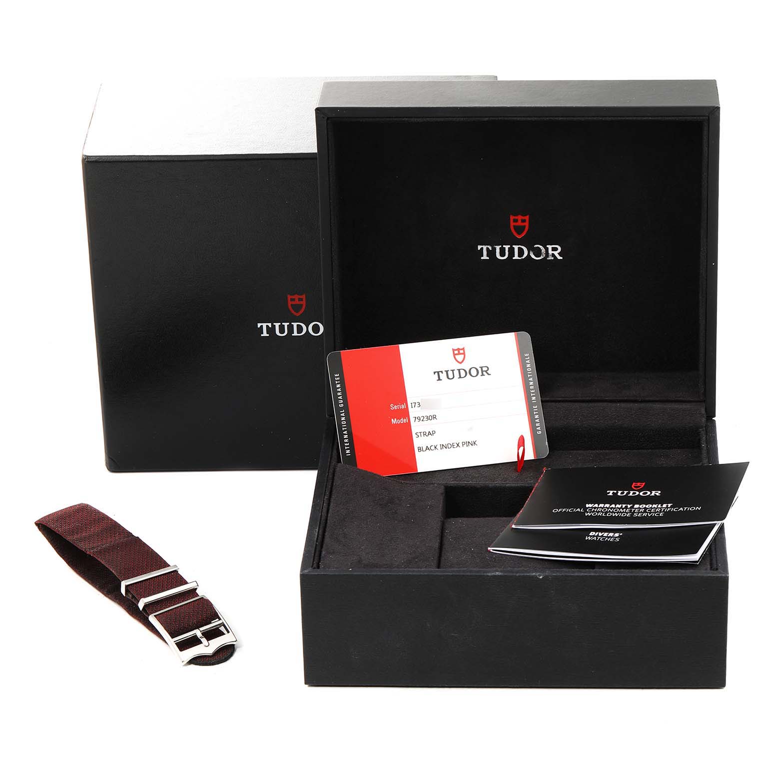 The image shows the packaging, warranty card, manual, and an extra strap for the Tudor Heritage Black Bay 79230R Men
s Stainless Steel Black Dial 79230R Men
s Stainless Steel Black Dial watch.