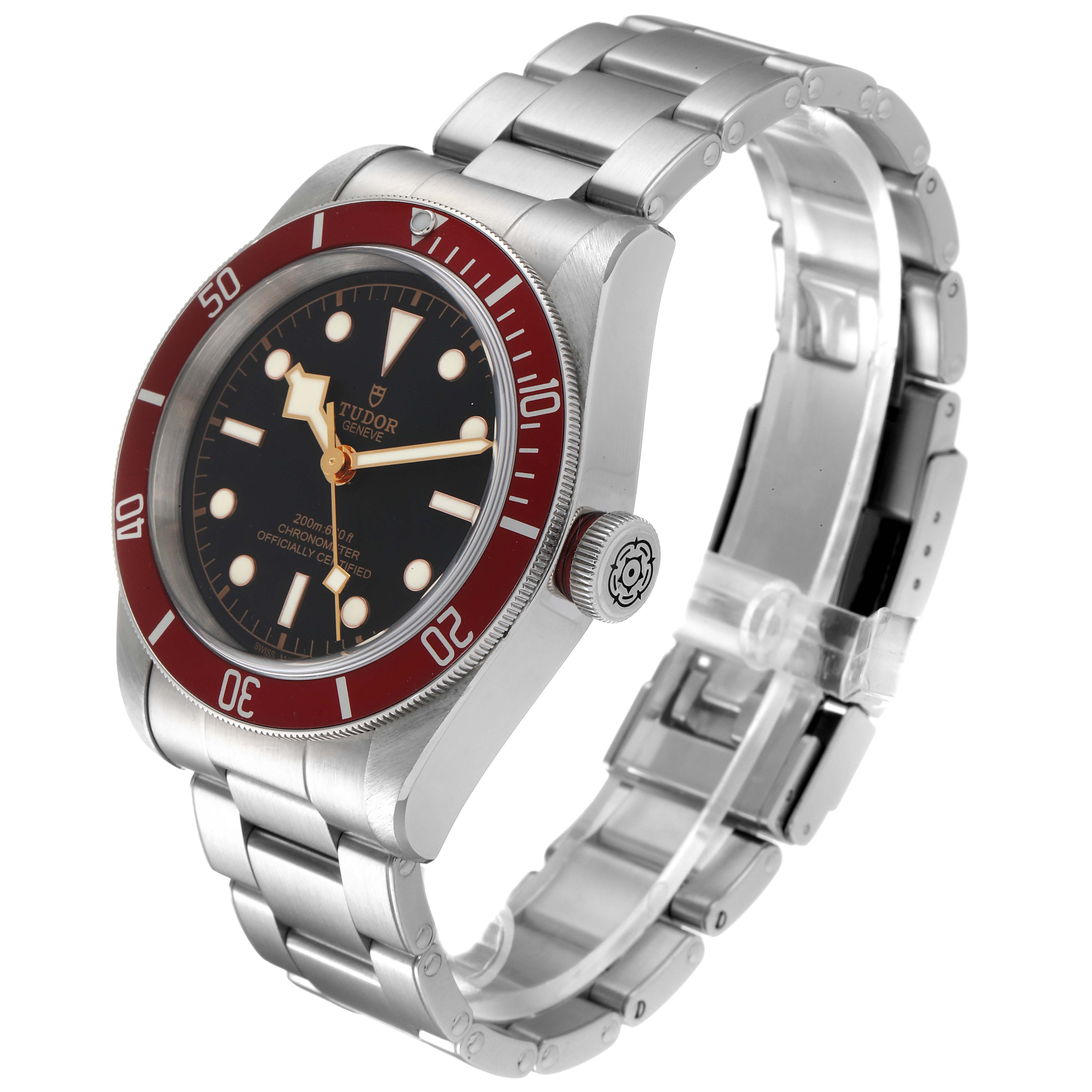 The Tudor Heritage Black Bay 79230R Men
s Stainless Steel Black Dial 79230R Men
s Stainless Steel Black Dial watch is shown from a three-quarter angle, highlighting the dial, bezel, crown, and bracelet.