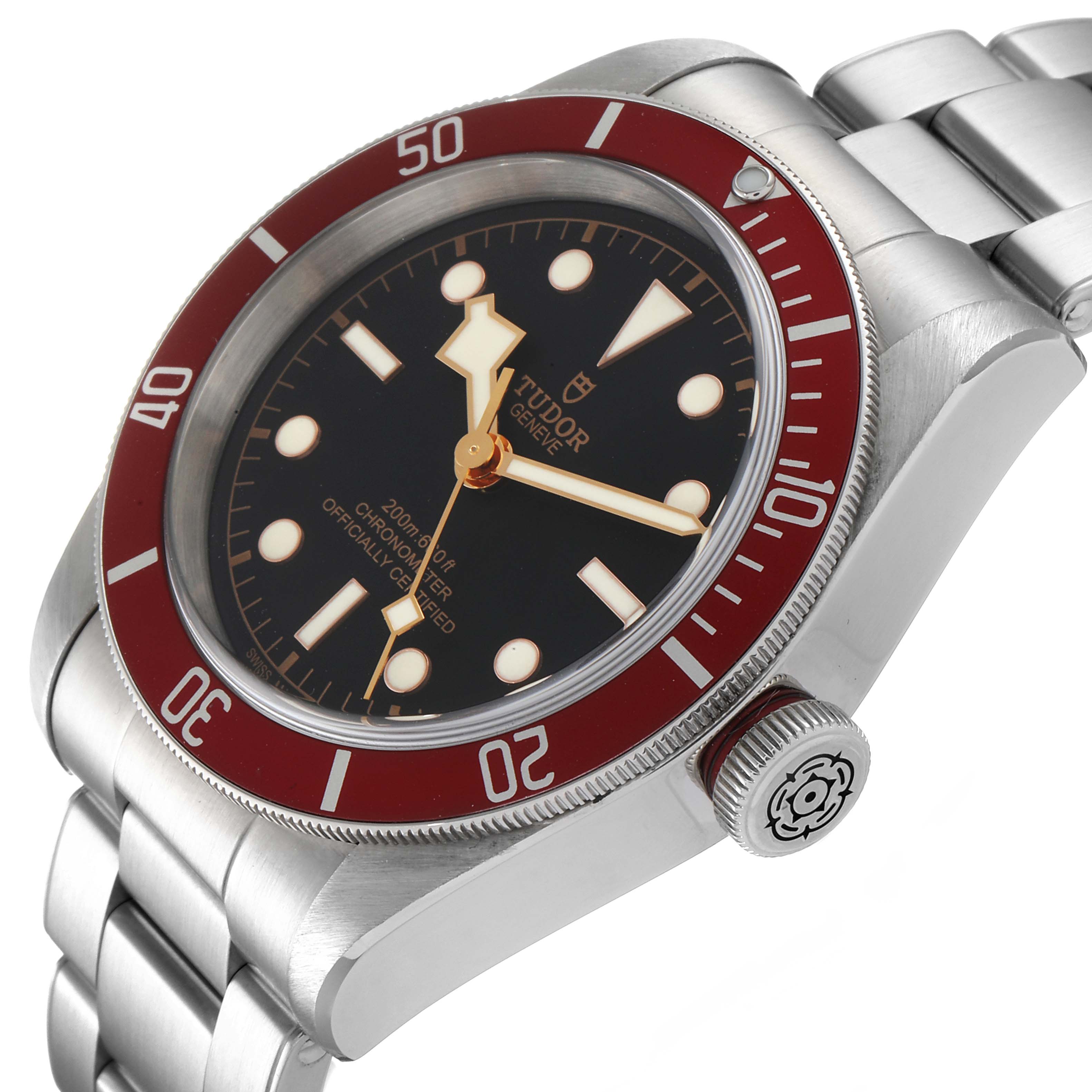 This image shows a Tudor Heritage Black Bay 79230R Men
s Stainless Steel Black Dial 79230R Men
s Stainless Steel Black Dial watch angled to display the face, bezel, case, crown, and bracelet.