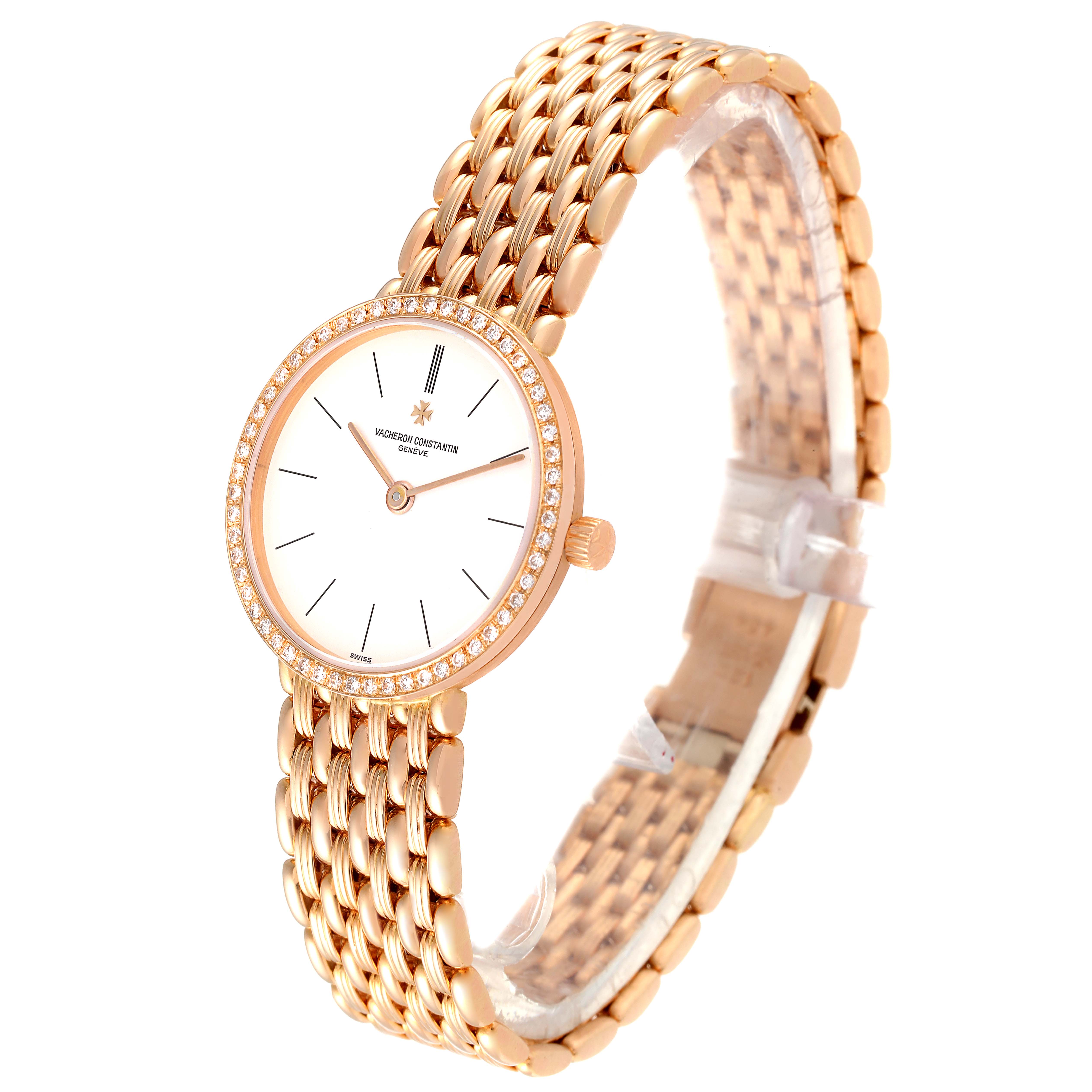 The image shows a Vacheron Constantin Traditionnelle 27593 Women's Rose Gold White Dial 27593 Women's Rose Gold White Dial watch at a three-quarter angle, highlighting its gold bracelet and diamond-encrusted bezel.