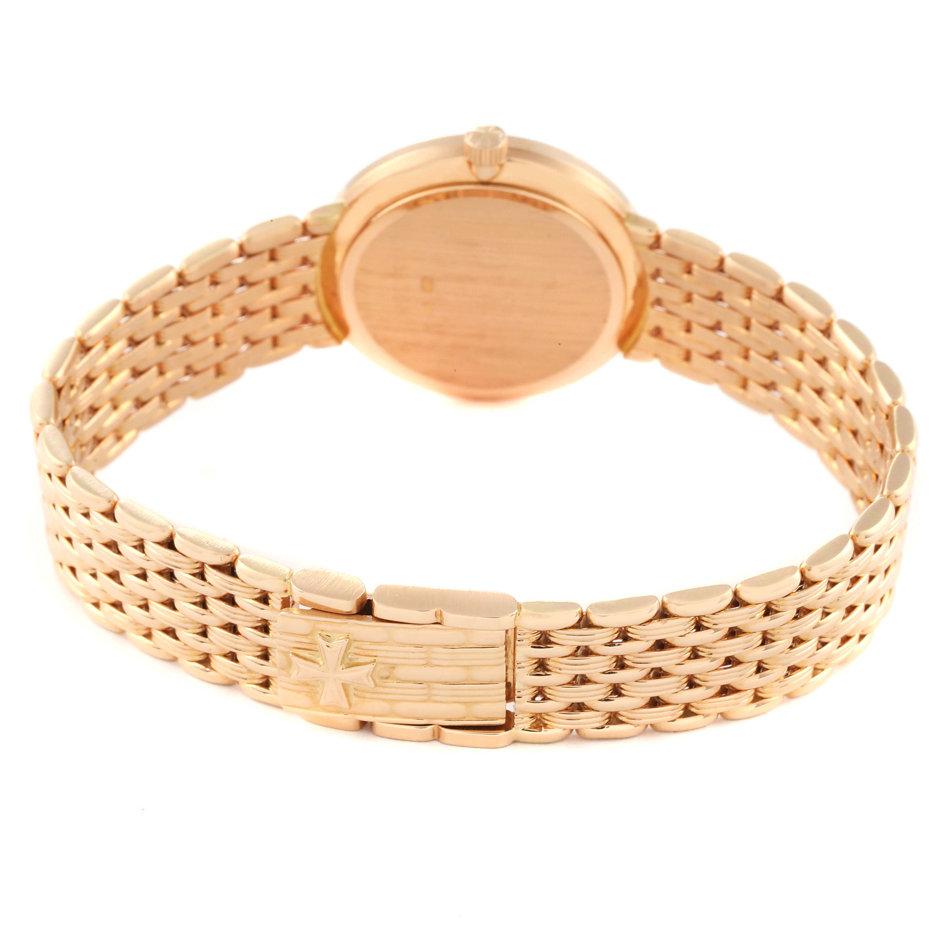 The image shows the back view of a Vacheron Constantin Traditionnelle 27593 Women's Rose Gold White Dial 27593 Women's Rose Gold White Dial watch, highlighting its bracelet and clasp.