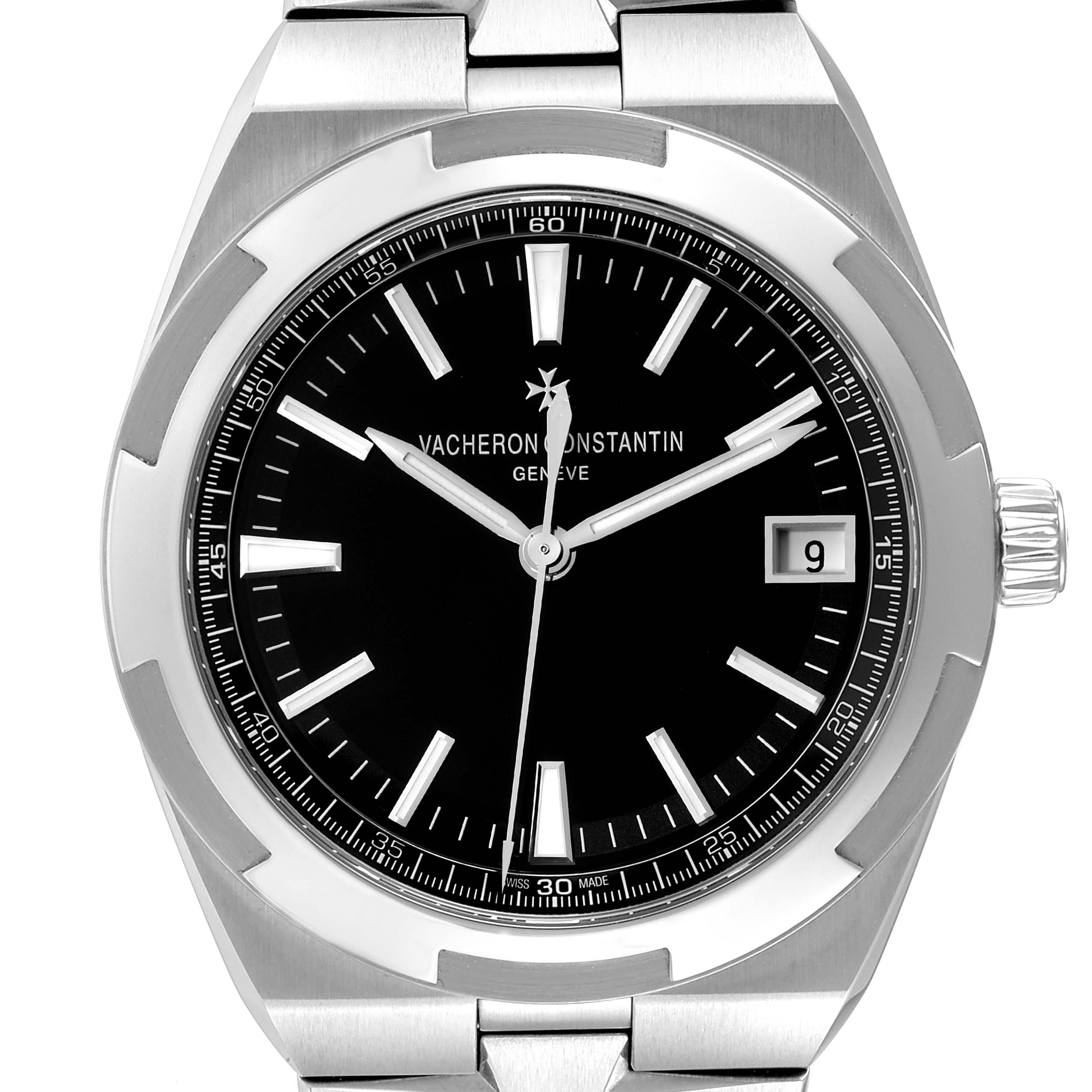The image shows a frontal view of the Vacheron Constantin Overseas 4500V/110A Men's Stainless Steel Black Dial 4500V/110A Men's Stainless Steel Black Dial model watch, highlighting its dial, hands, bezel, and part of the bracelet.